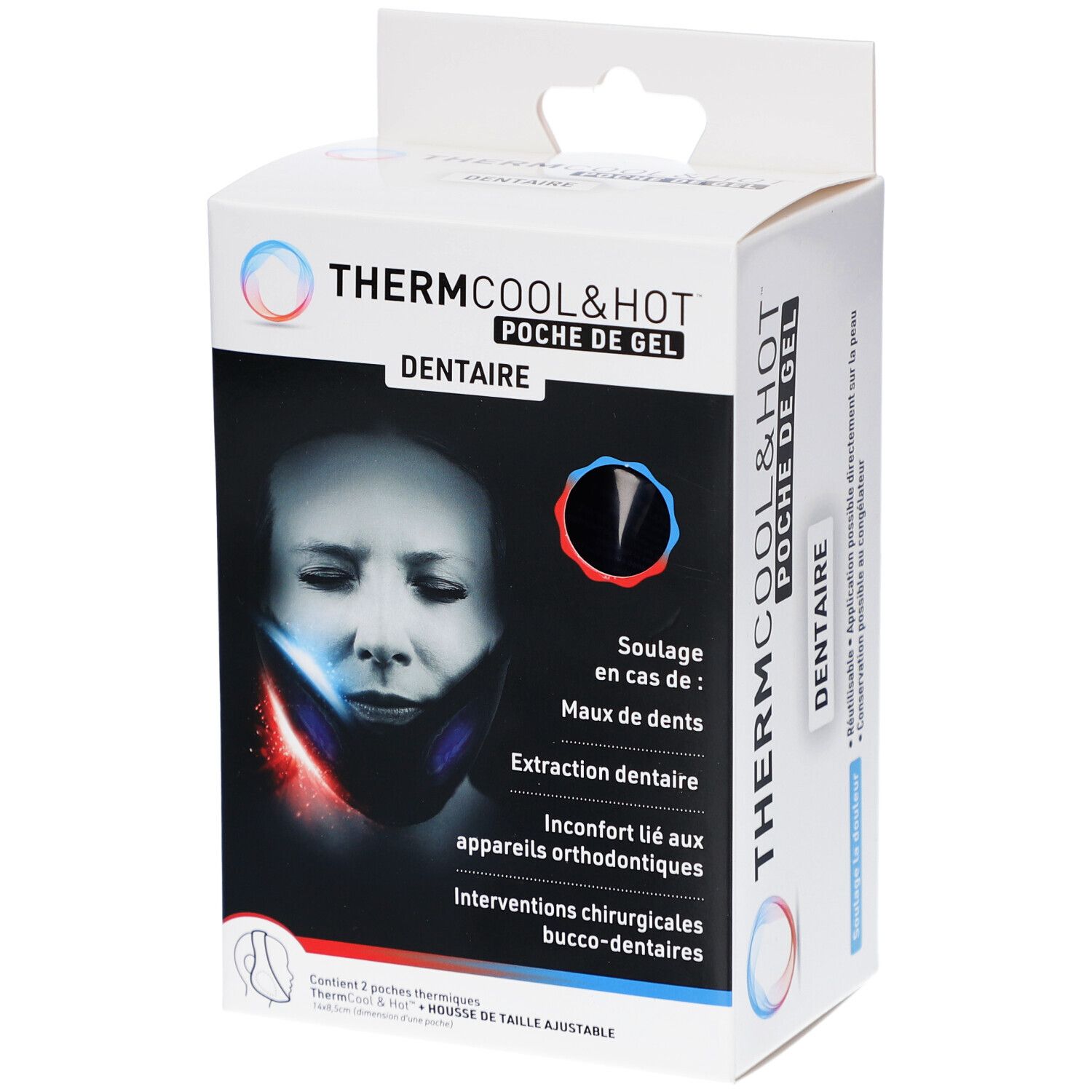 Boîte de ThermCool & Hot Poche de Gel Dentaire. Contient deux poches thermiques et un masque en mousse ajustable.