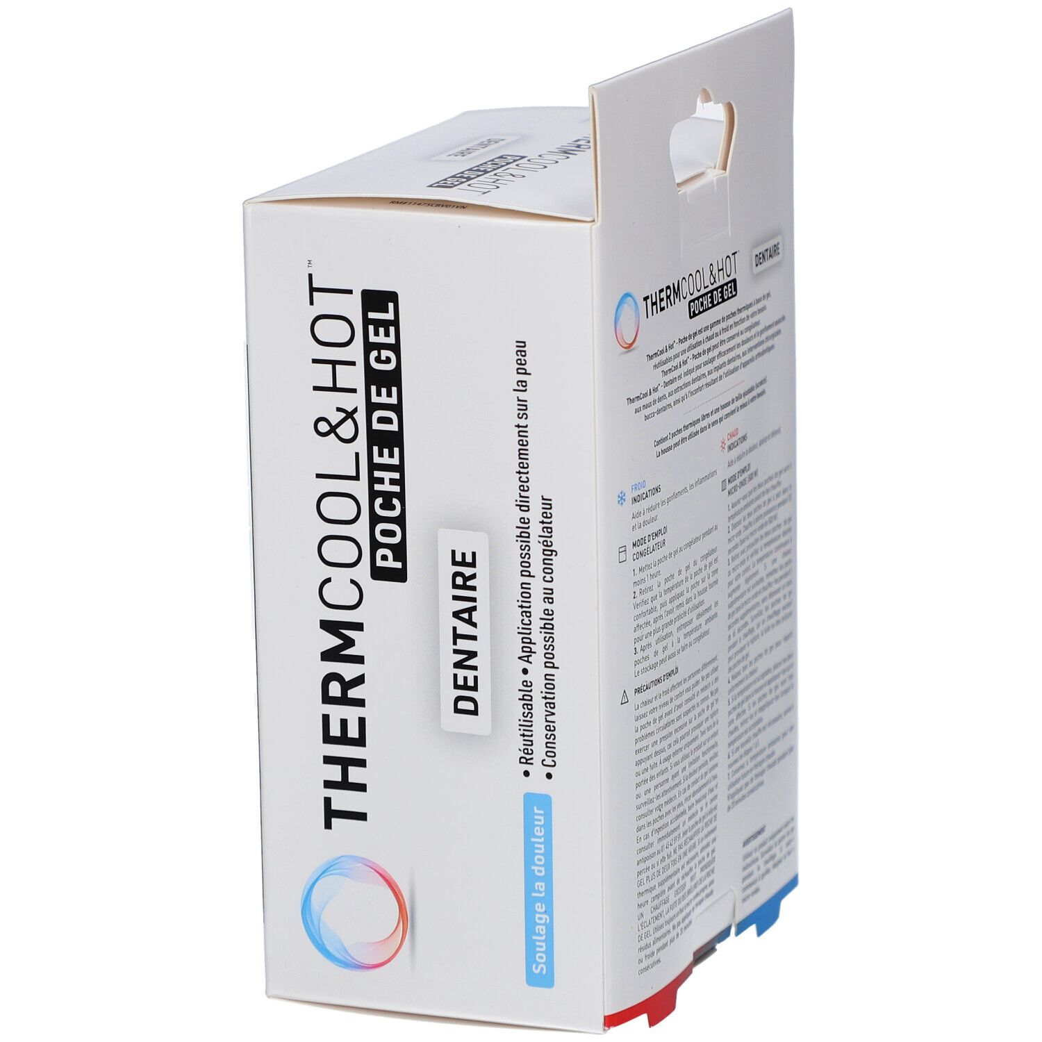 Boîte de ThermCool & Hot Poche de Gel Dentaire. Texte: 'Application possible directement sur la peau'.