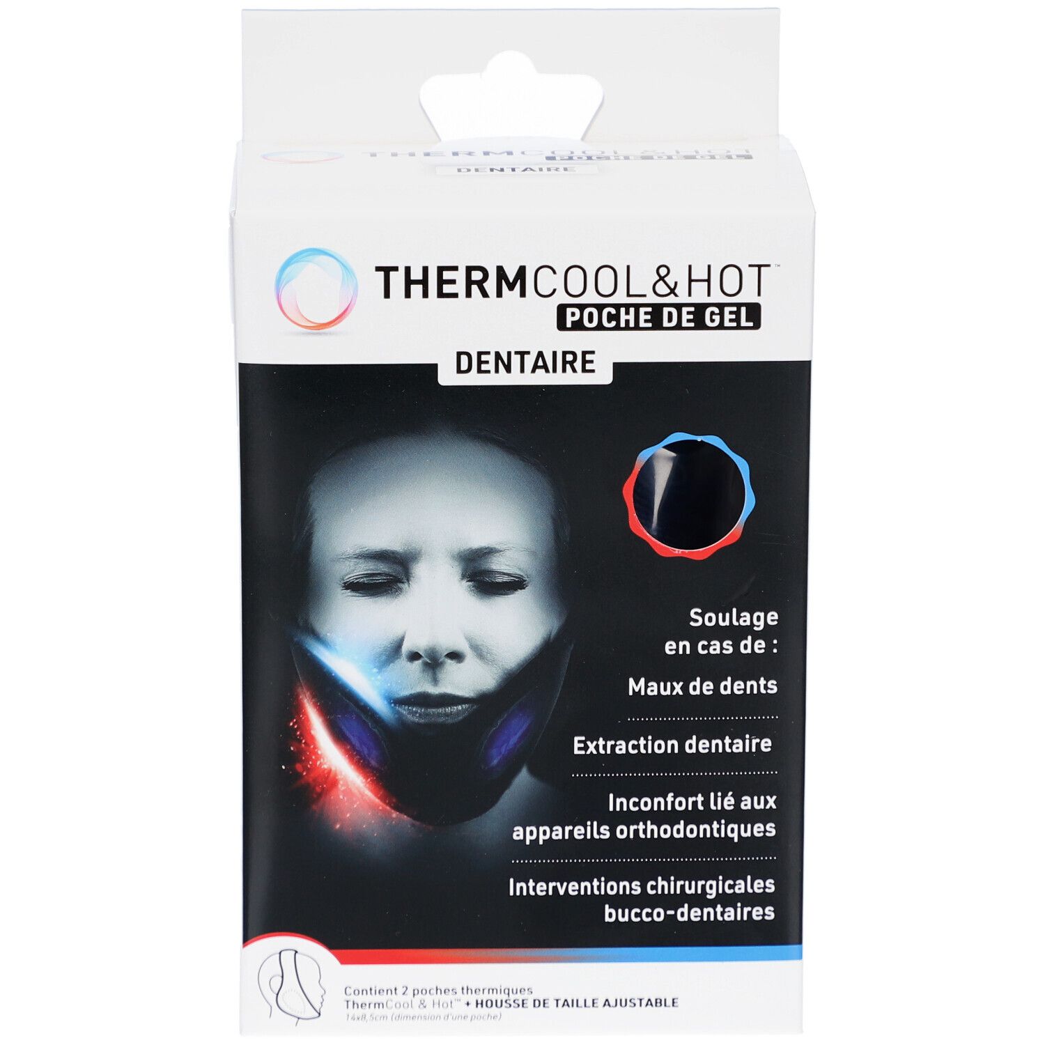 Boîte de ThermCool & Hot Poche de Gel Dentaire. Vue de face avec nom du produit et illustration.