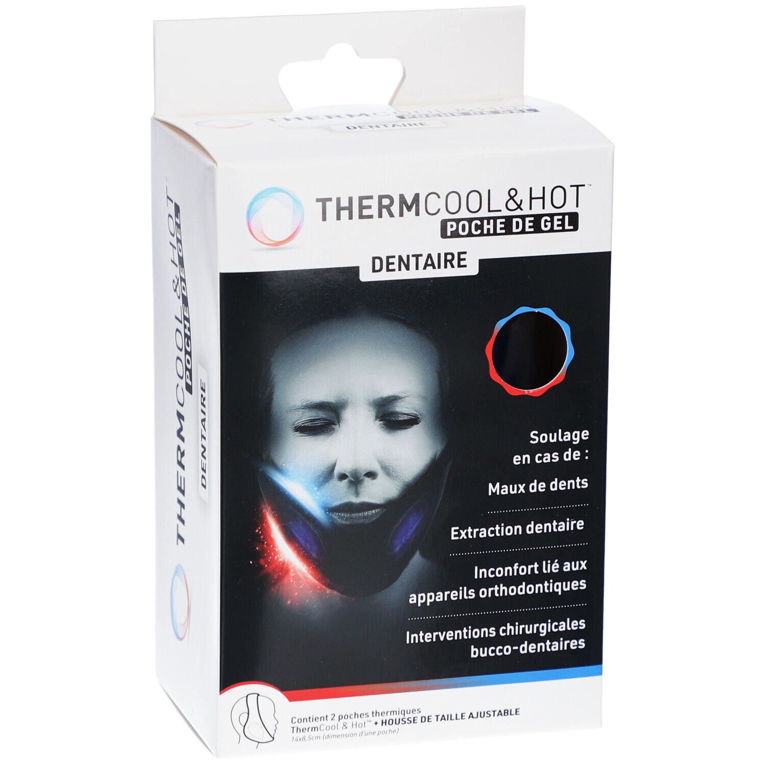Boîte de ThermCool & Hot Poche de Gel Dentaire. Vue de face avec nom du produit et illustration.