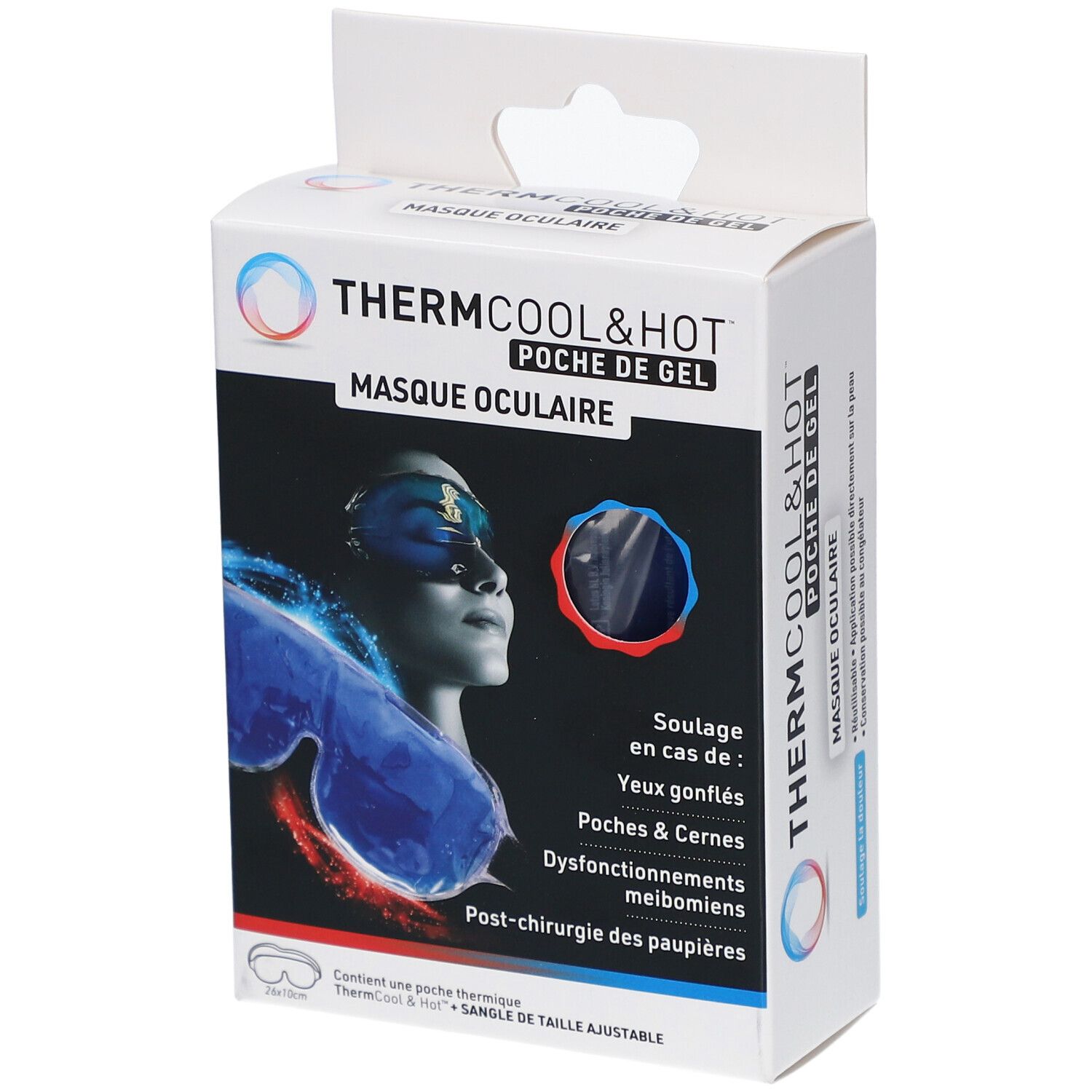 Boîte THERMCOOL & HOT MASQUE OCULAIRE. Masque bleu sur l'emballage. Texte en français. Indications pour les yeux gonflés.