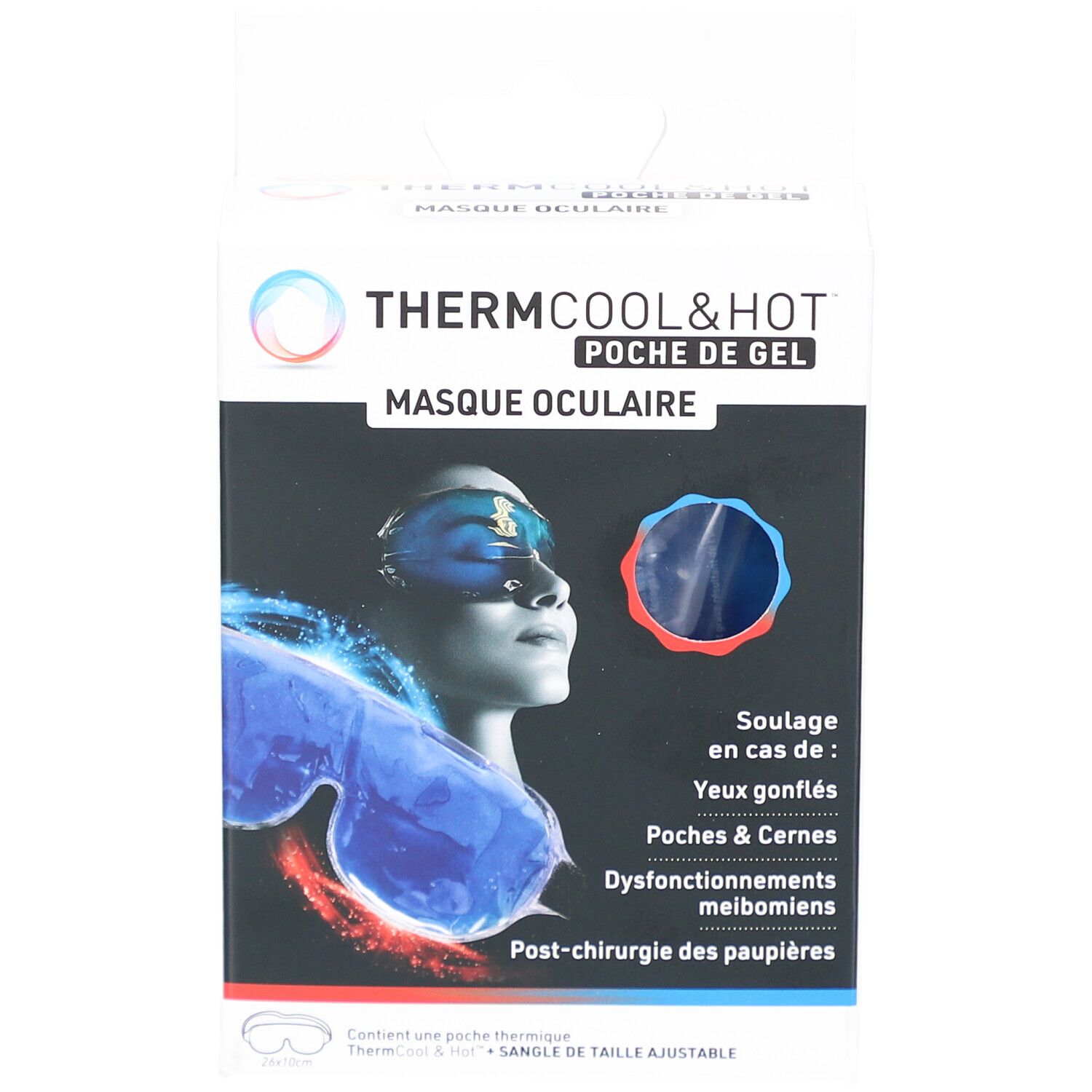 Boîte THERMCOOL & HOT MASQUE OCULAIRE. Masque bleu pour les yeux. Texte en français. Pour les yeux gonflés.