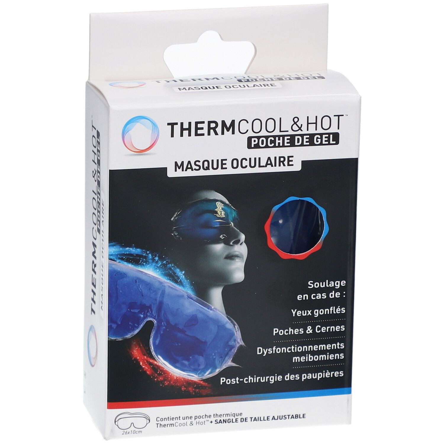 Boîte THERMCOOL & HOT MASQUE OCULAIRE. Masque bleu pour les yeux. Texte en français. Pour les yeux gonflés.