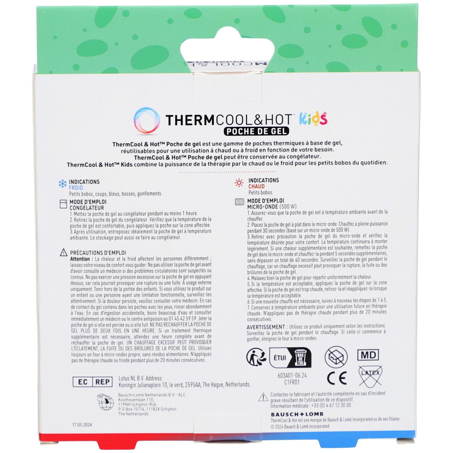 Dos de la boîte THERMCOOL & HOT Kids. Texte: 'Poche de gel'. Instructions et logos.