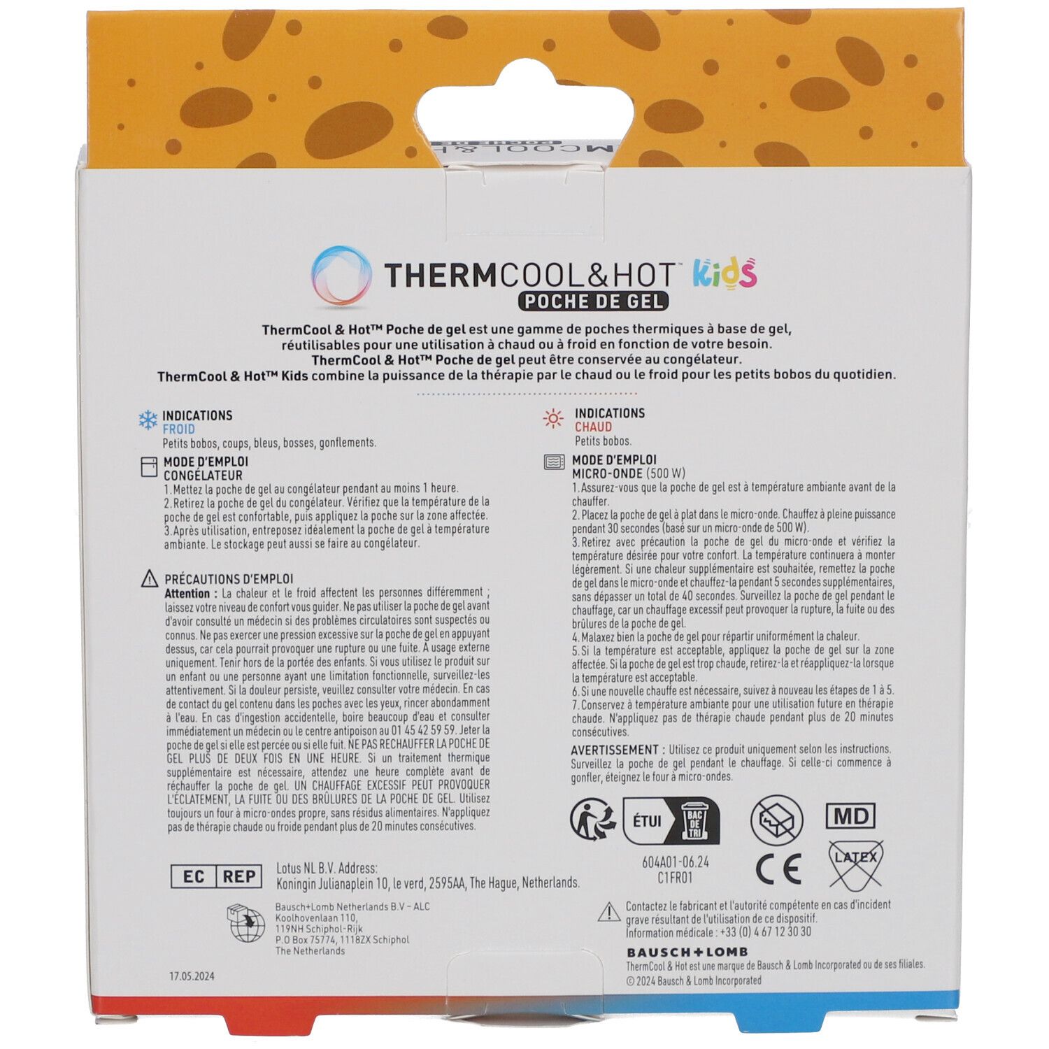 Dos de l'emballage THERMCOOL & HOT Kids. Texte: instructions d'utilisation, indications, avertissements. Logos: CE, MD, EC REP.
