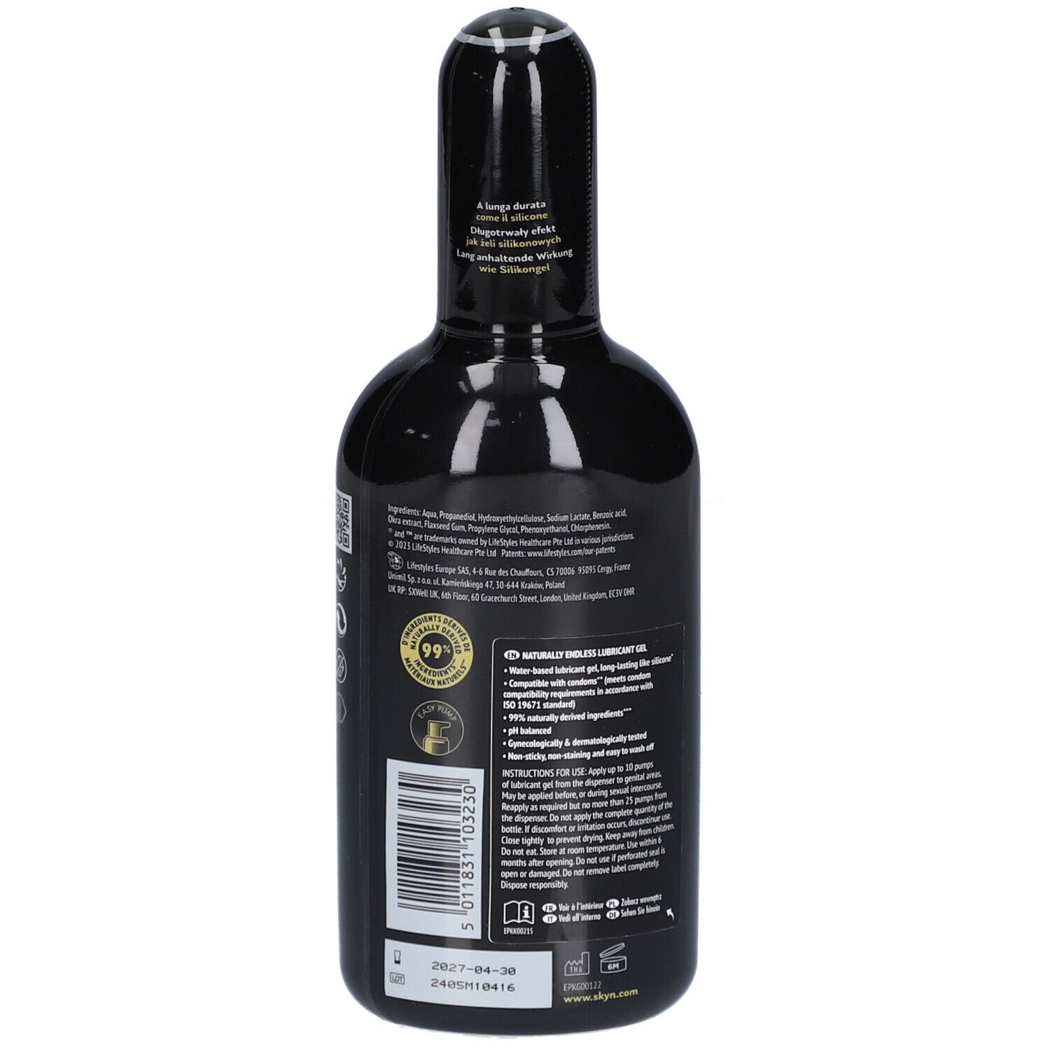 Dos du flacon noir. Texte et informations sur l'étiquette. Avec label de qualité.