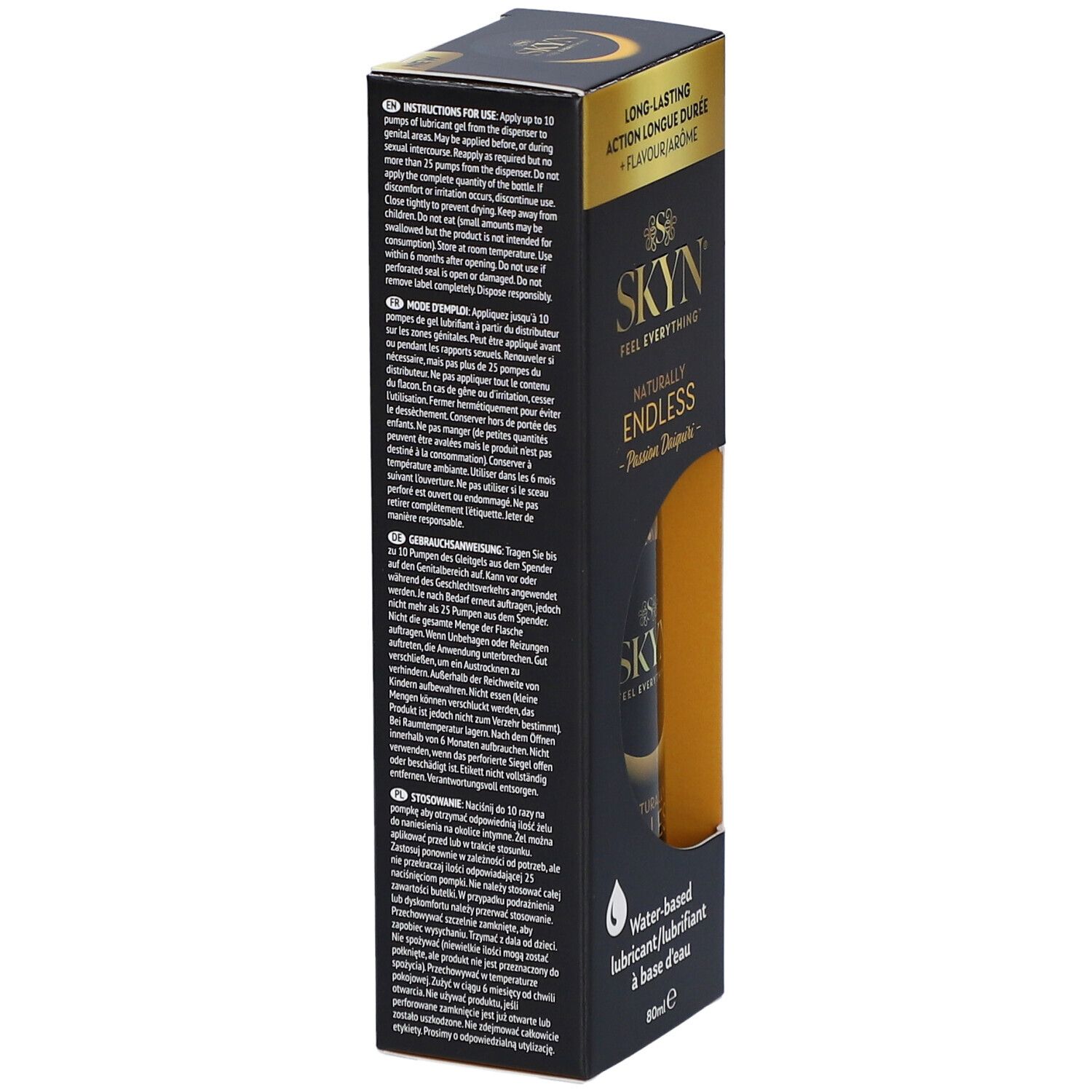 Boîte SKYN Endless. Noir avec texte. Contient des instructions d'utilisation du produit.