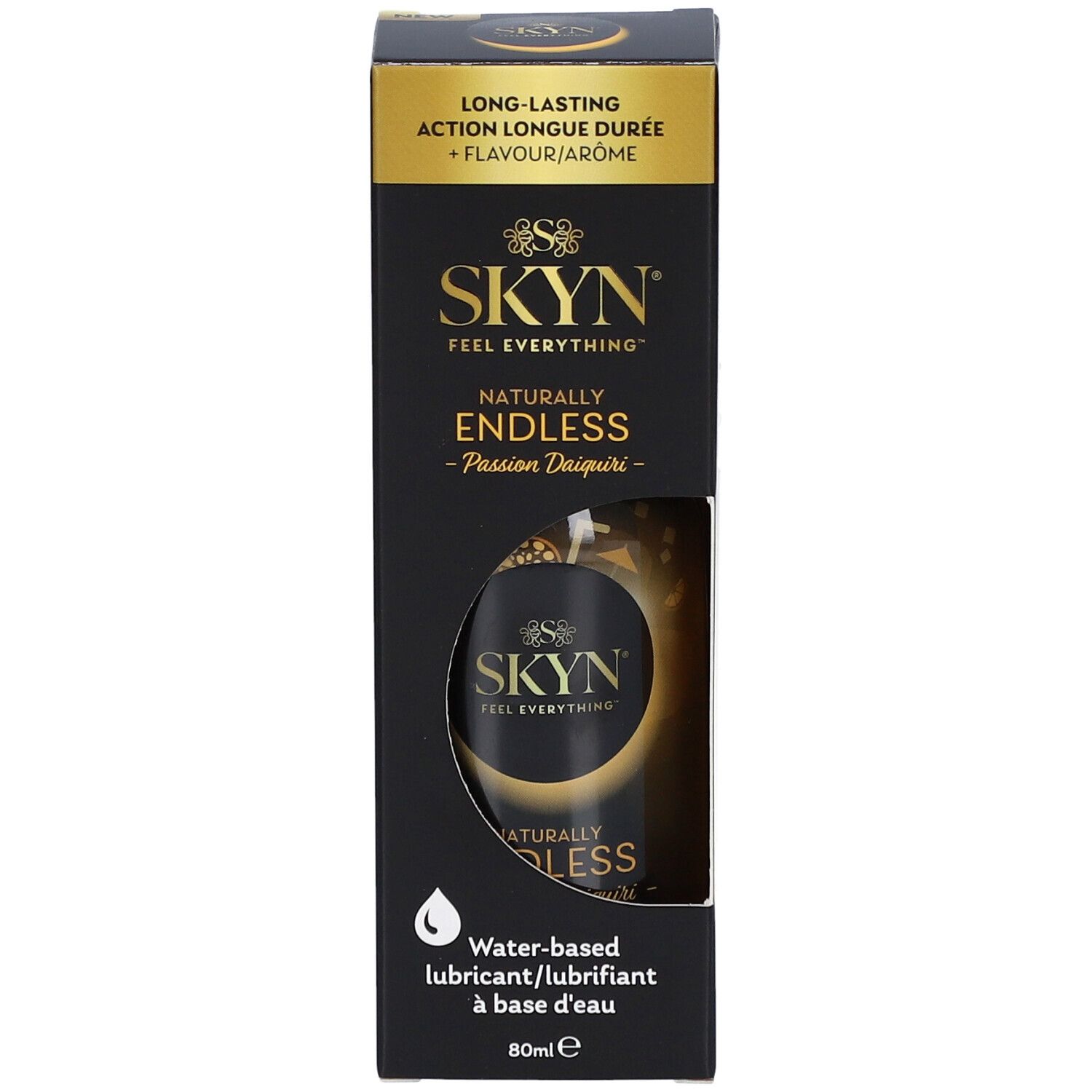 Produit SKYN Endless en emballage. Boîte noire avec produit et texte. Lubrifiant à base d'eau.