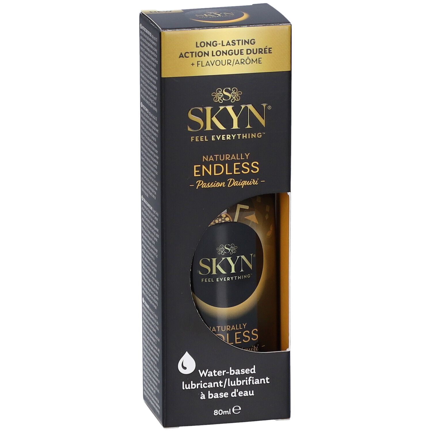 Produit SKYN Endless en emballage. Boîte noire avec produit et texte. Lubrifiant à base d'eau.
