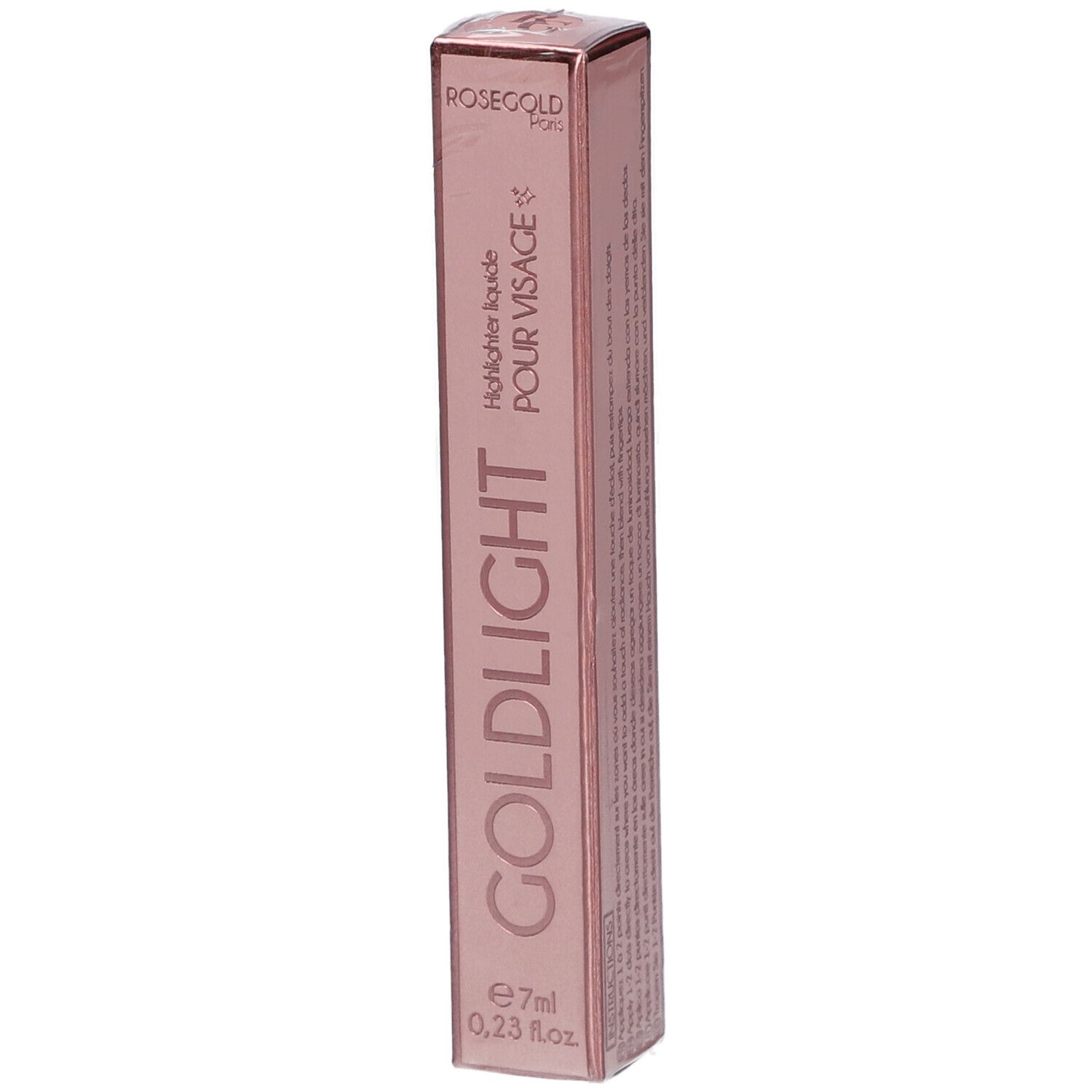 Emballage de l'highlighter Goldlight de ROSEGOLD. Boîte rose rectangulaire avec nom du produit et volume.