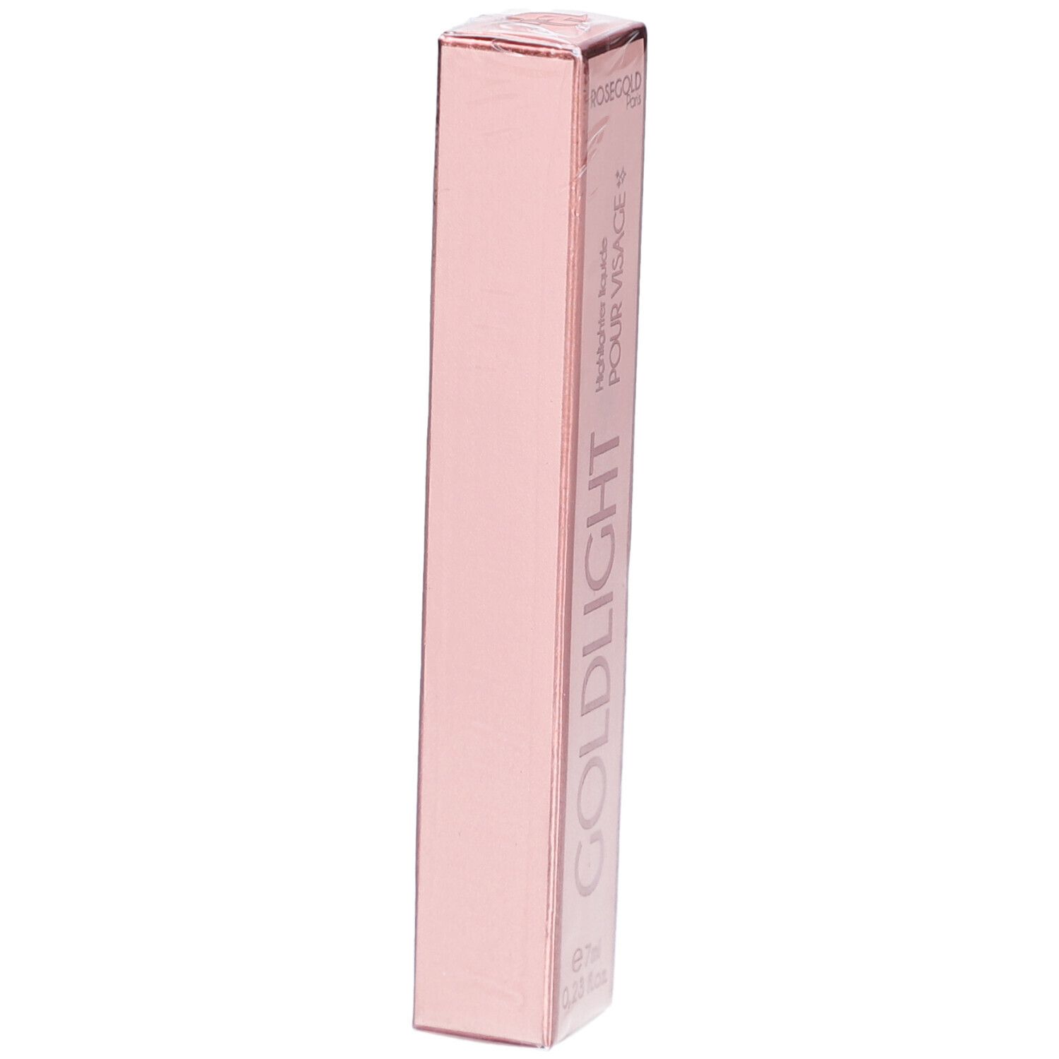 Emballage de l'highlighter Goldlight de ROSEGOLD. Boîte rose rectangulaire, en biais.