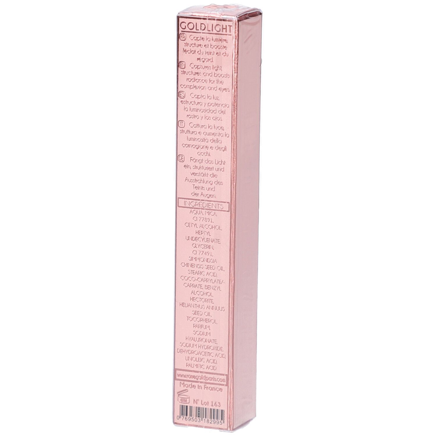 Dos de l'emballage de l'highlighter Goldlight de ROSEGOLD. Boîte rose avec texte sur les ingrédients et l'utilisation.