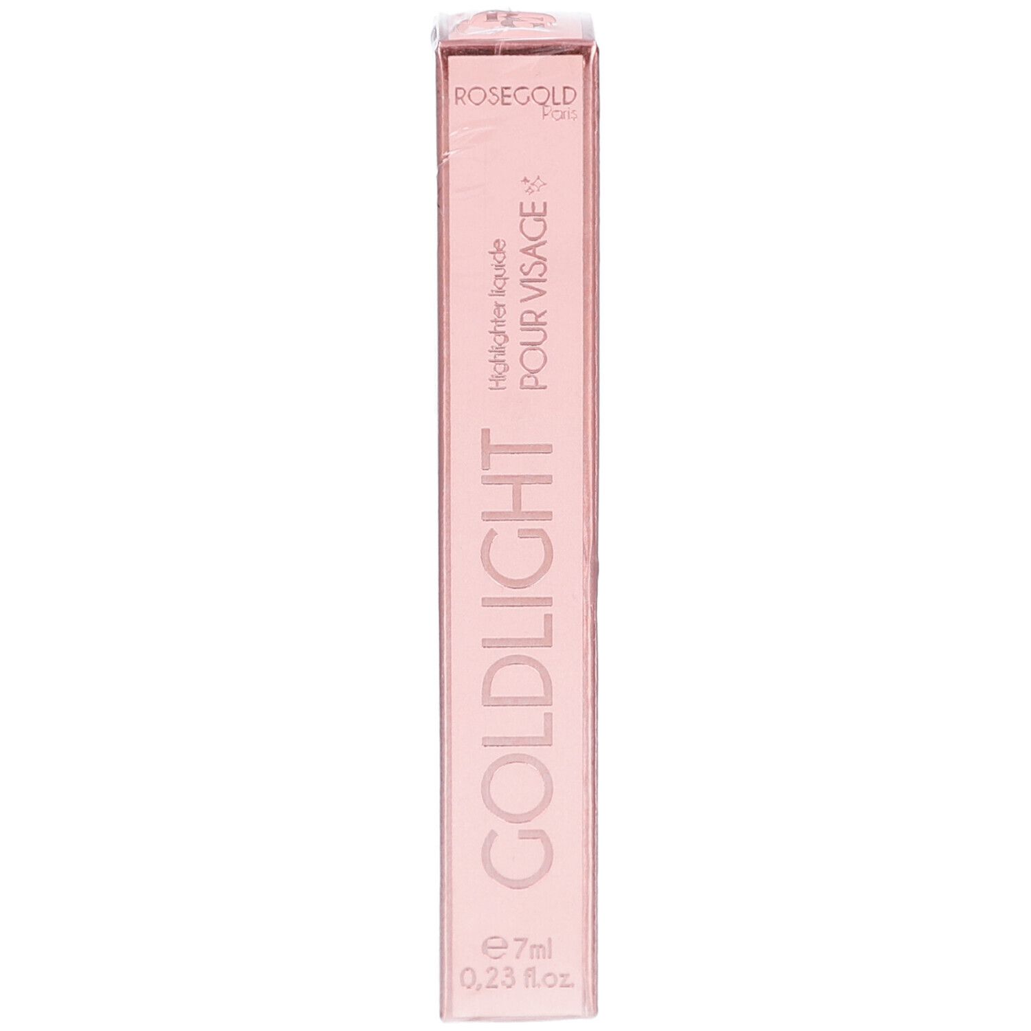 Emballage de l'highlighter Goldlight de ROSEGOLD. Boîte rose rectangulaire avec nom du produit et volume.