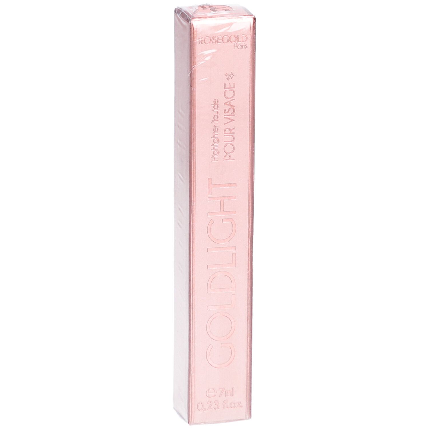 Emballage de l'highlighter Goldlight de ROSEGOLD. Boîte rose rectangulaire, emballée dans du film plastique.