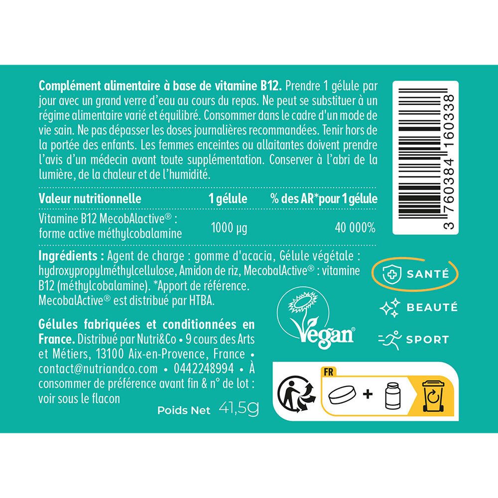 Gros plan sur l'étiquette. Informations nutritionnelles, ingrédients, logo Vegan. Poids net: 41,5g.