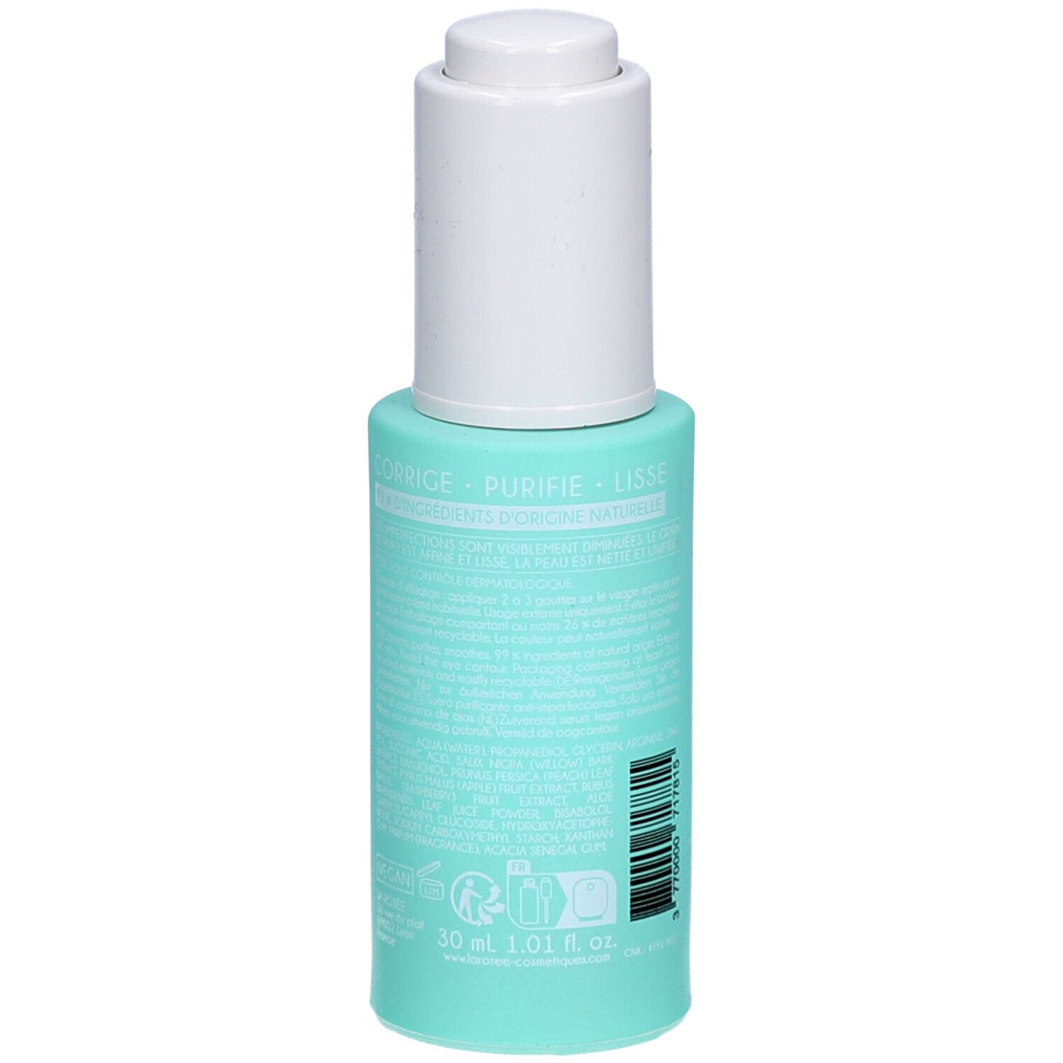 Flacon turquoise avec bouchon blanc. Verso avec texte. Indication de volume: 30 ml.