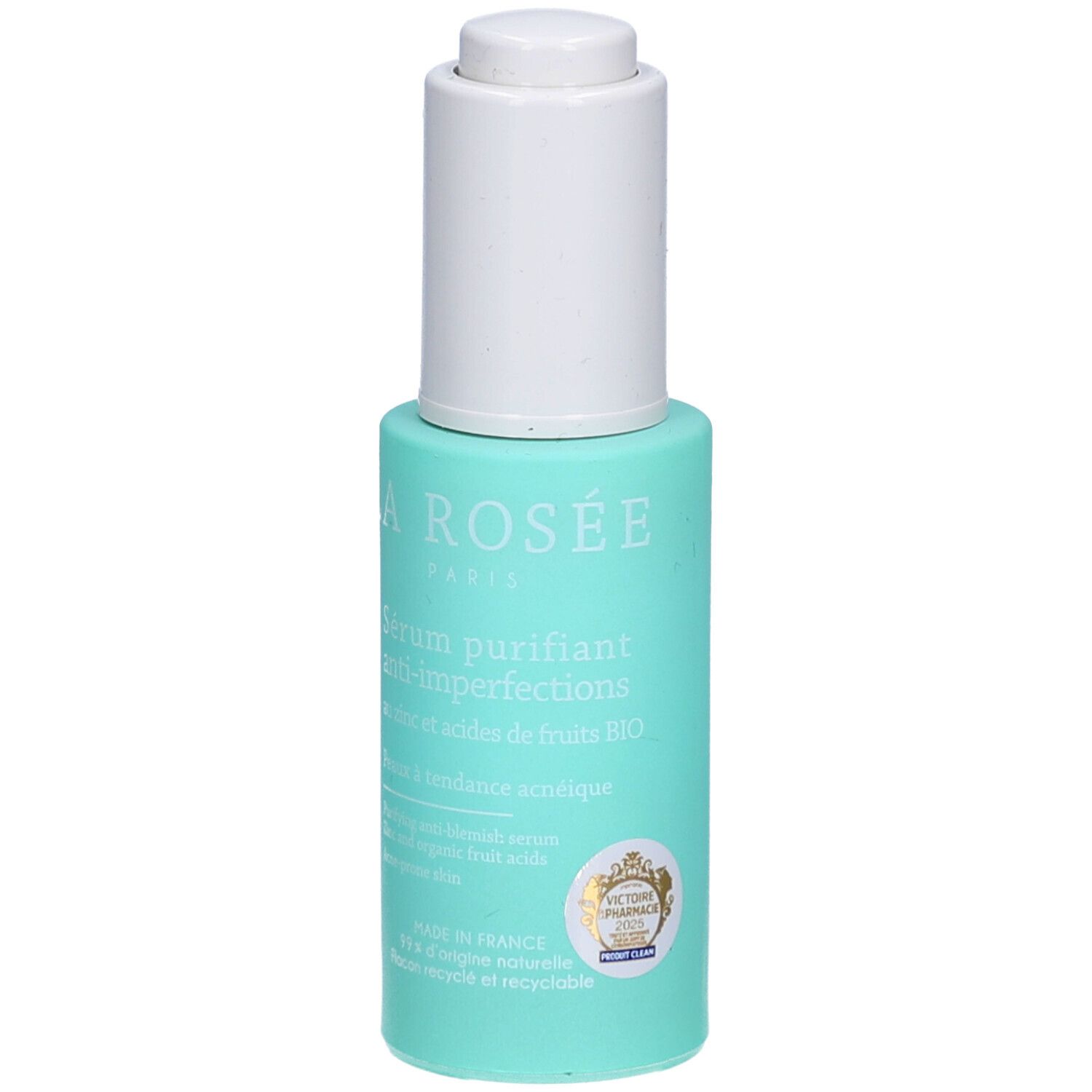 Flacon turquoise avec bouchon blanc. Inscription: La Rosée Paris, Sérum purifiant anti-imperfections. Logo de certification.