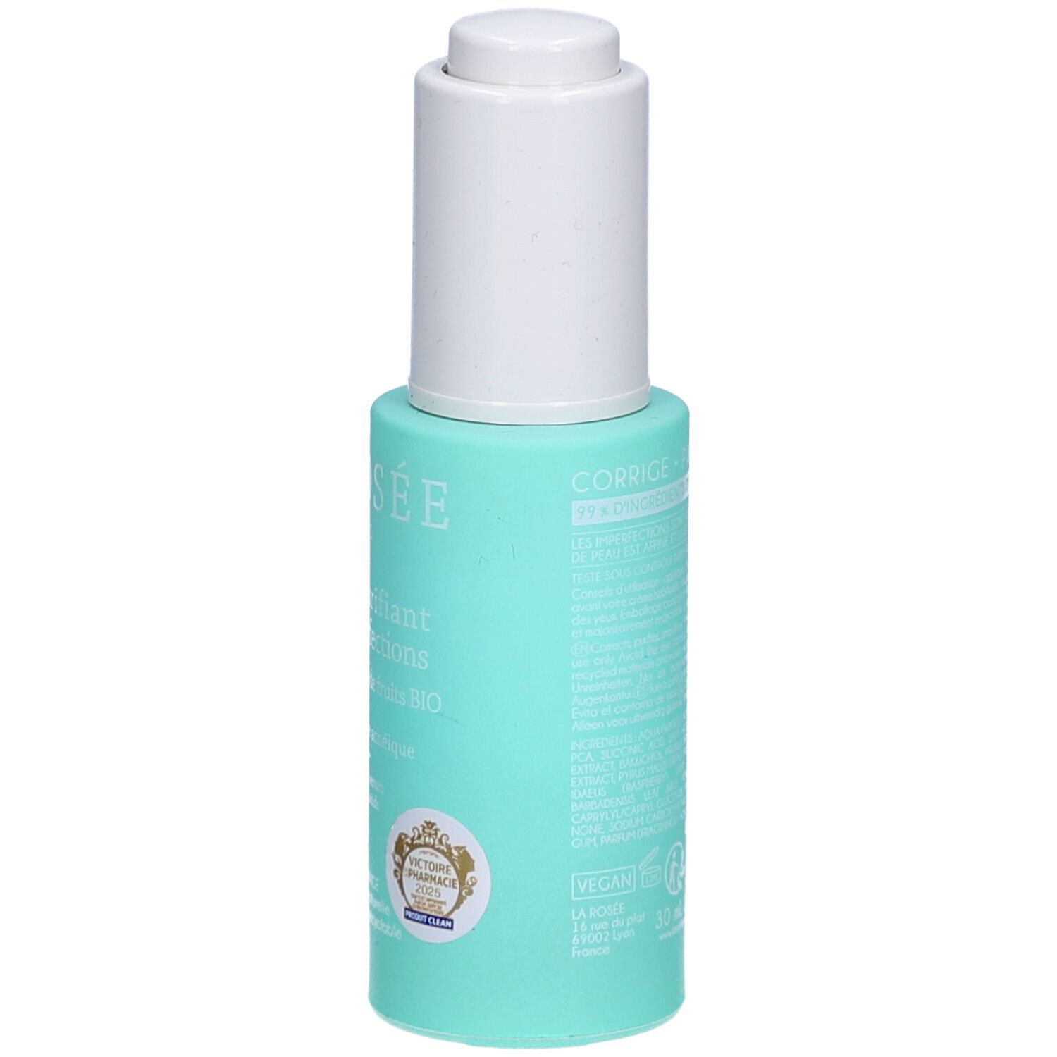 Flacon turquoise avec bouchon blanc. Verso avec texte. Logo vegan visible.