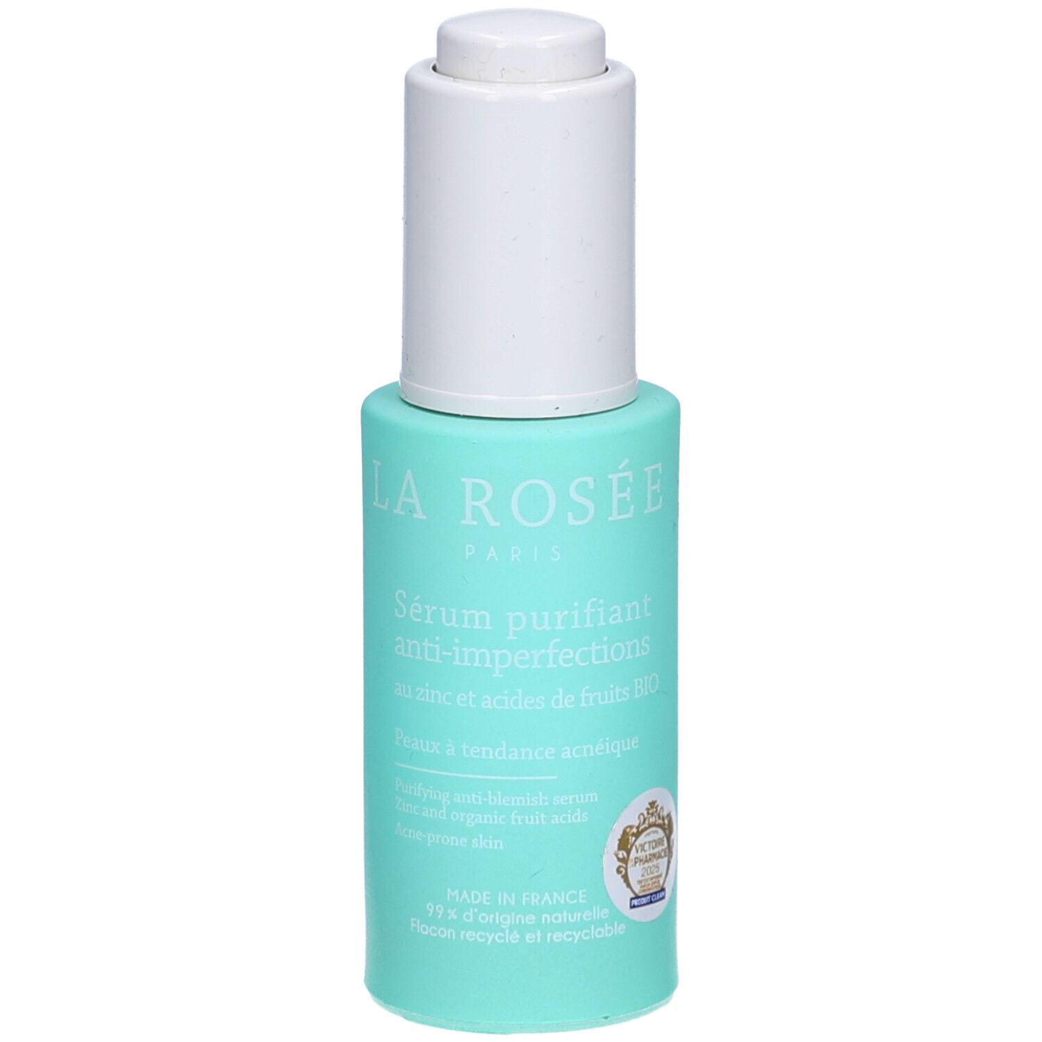 Flacon turquoise avec bouchon blanc. Inscription: La Rosée Paris, Sérum purifiant anti-imperfections. Logo de certification.