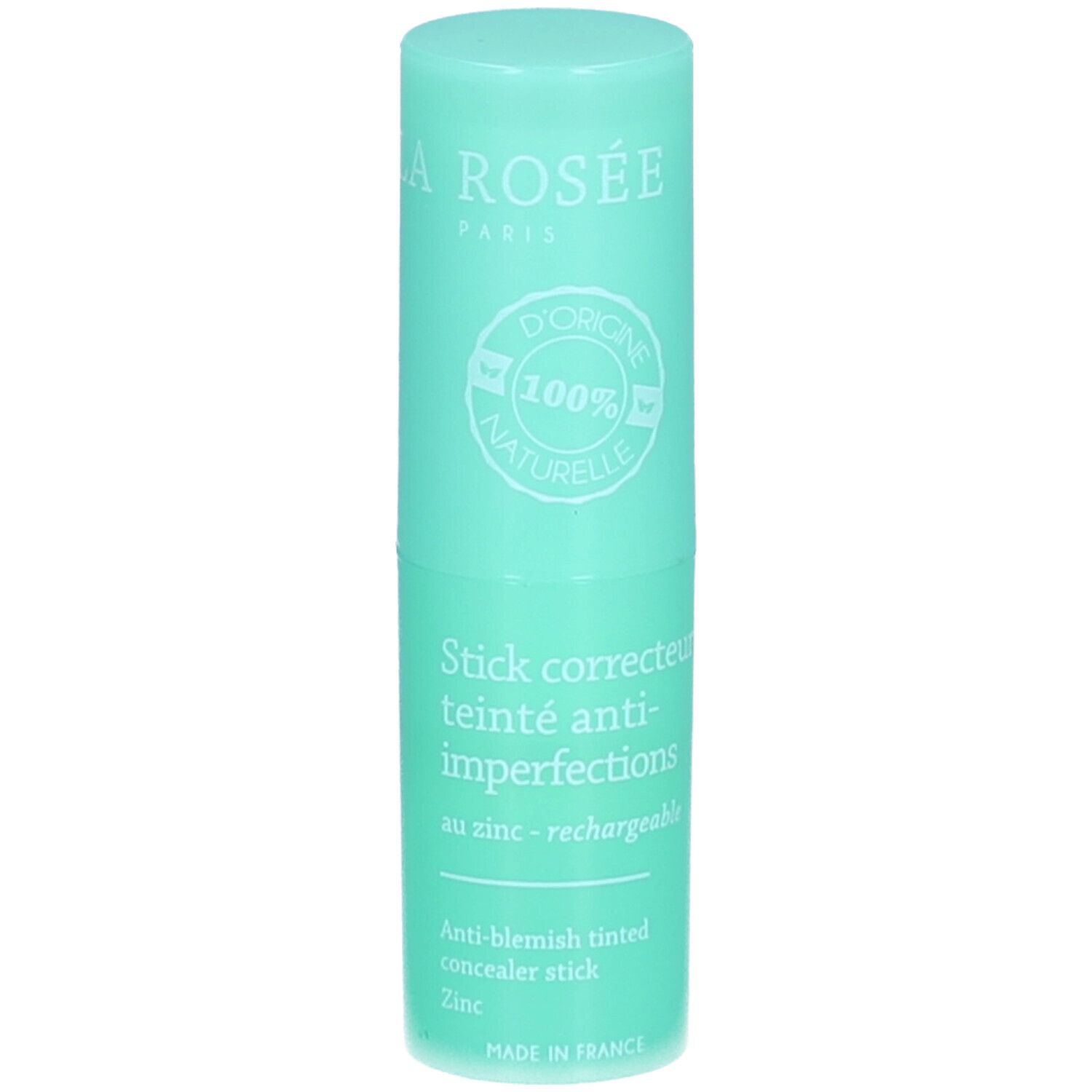Stick turquoise. Marque La Rosée. Texte: Stick correcteur teinté anti-imperfections, au zinc - rechargeable. Label: 100% naturelle.