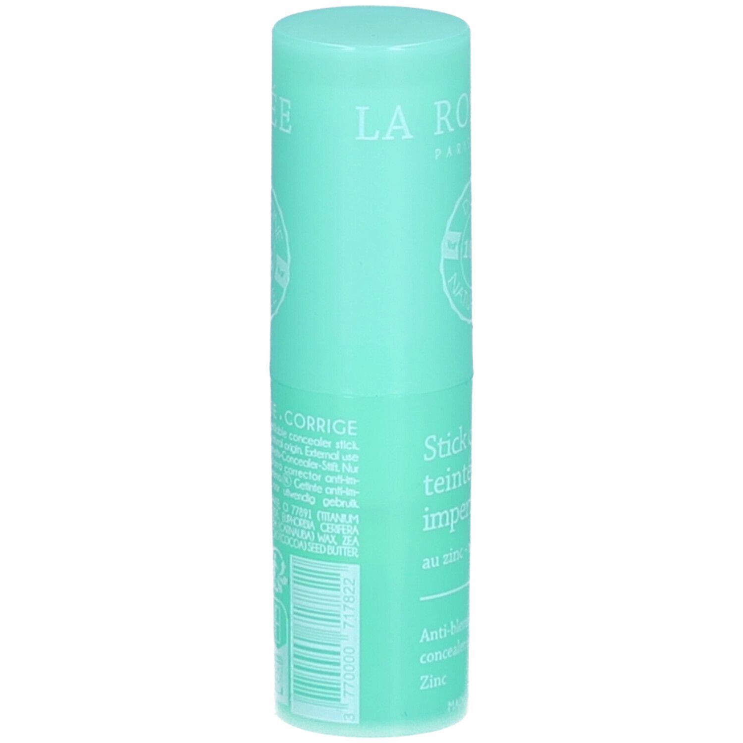 Stick turquoise. Dos avec texte et code-barres. Marque La Rosée. Texte: Stick correcteur teinté anti-imperfections, au zinc - rechargeable.