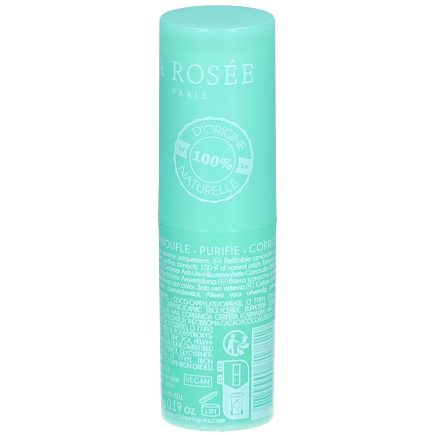 Stick turquoise. Dos avec texte. Marque La Rosée. Label: 100% naturelle. Texte: Stick correcteur teinté anti-imperfections, au zinc - rechargeable.