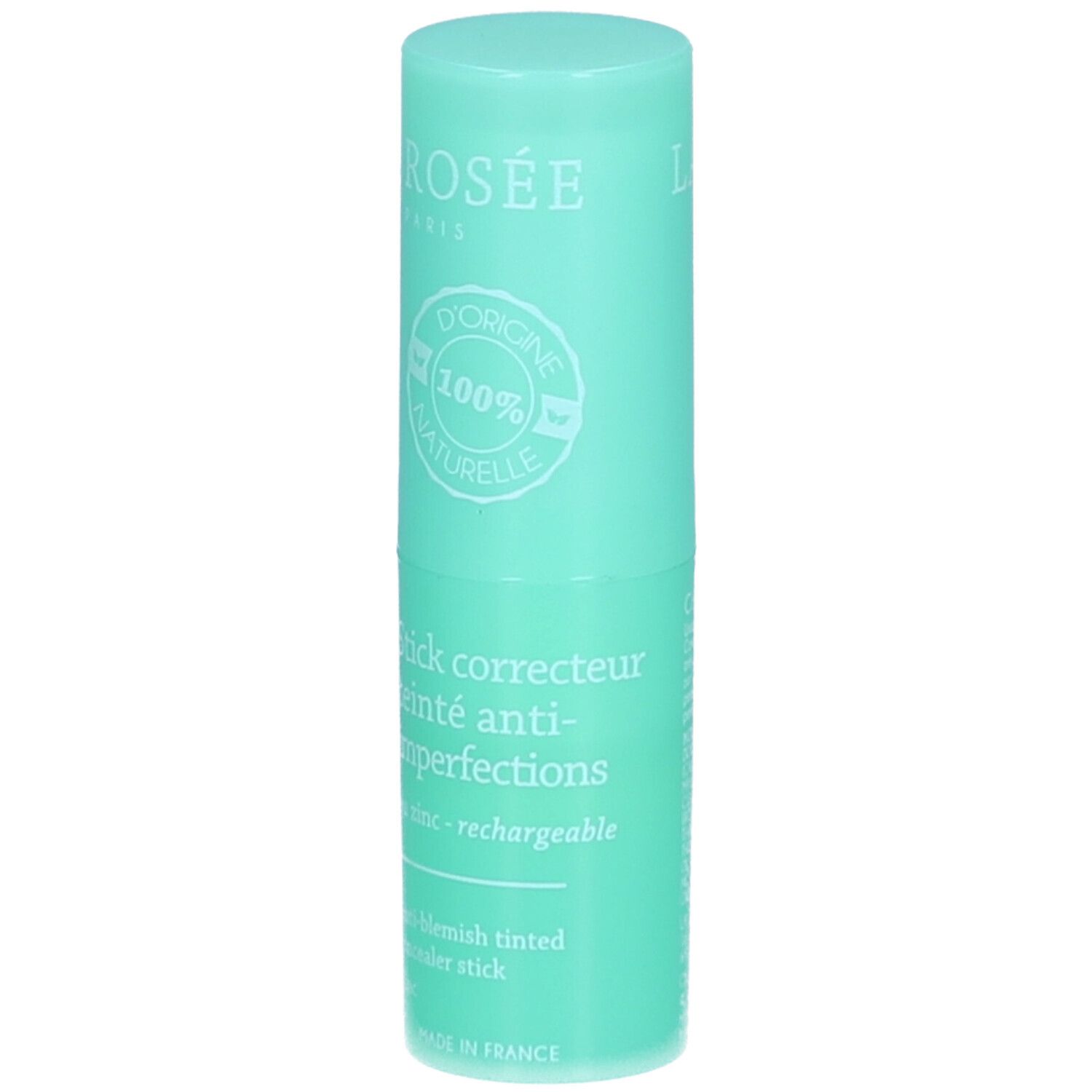 Stick turquoise. Marque La Rosée. Texte: Stick correcteur teinté anti-imperfections, au zinc - rechargeable. Label: 100% naturelle.