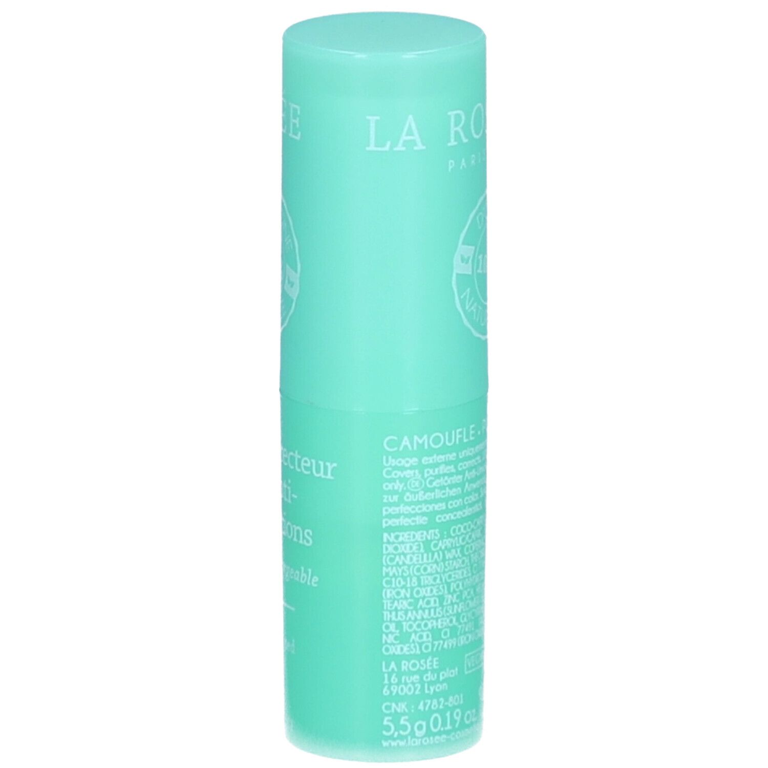Stick turquoise. Dos avec texte. Marque La Rosée. Texte: Stick correcteur teinté anti-imperfections, au zinc - rechargeable. 5,5g.
