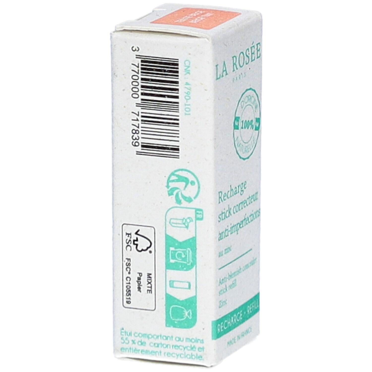 Emballage en carton avec code-barres et symboles de recyclage. Inscriptions: La Rosée, Recharge stick correcteur anti-imperfections.