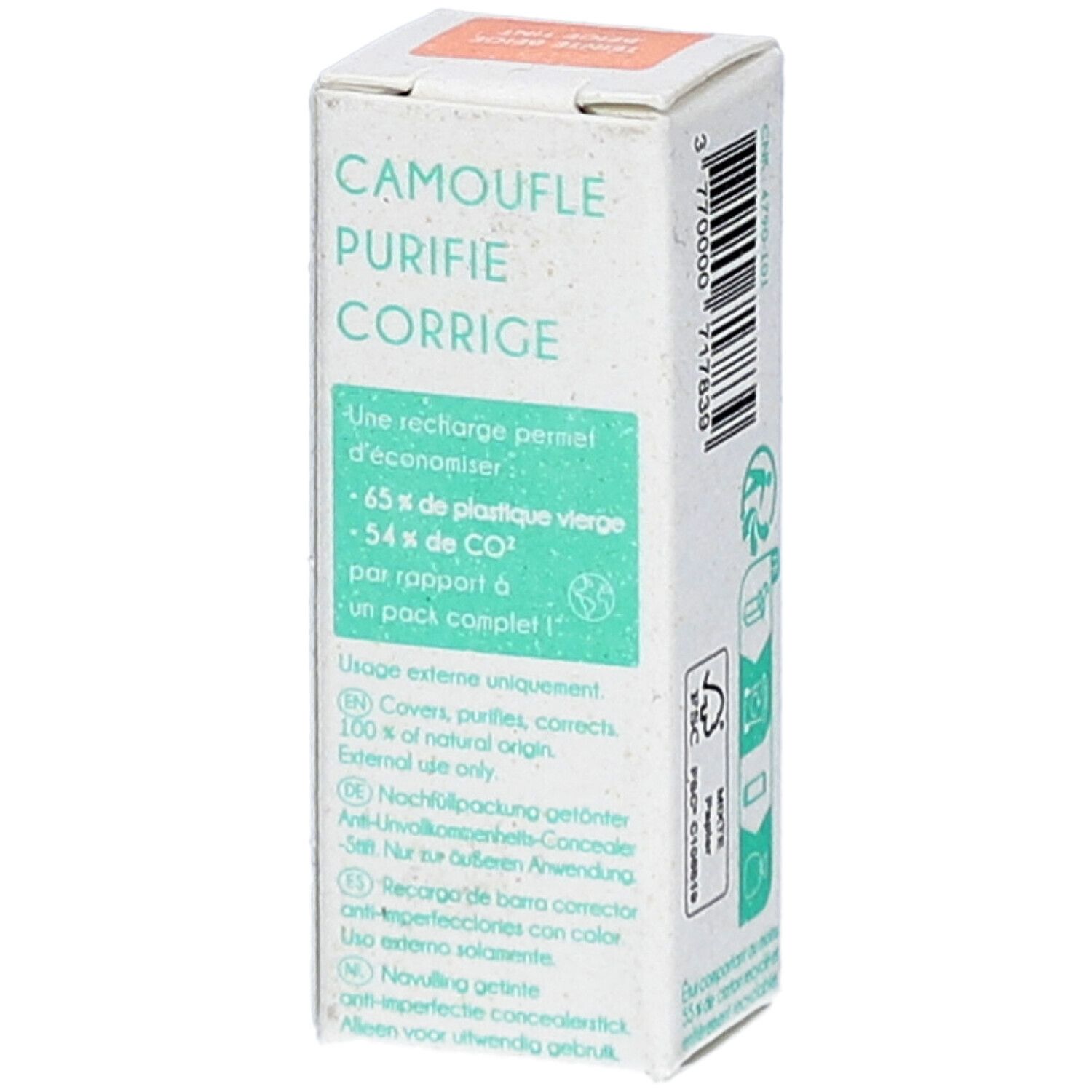 Emballage en carton avec texte sur les avantages de la recharge. Inscriptions: Camoufle, Purifie, Corrige. La Rosée.