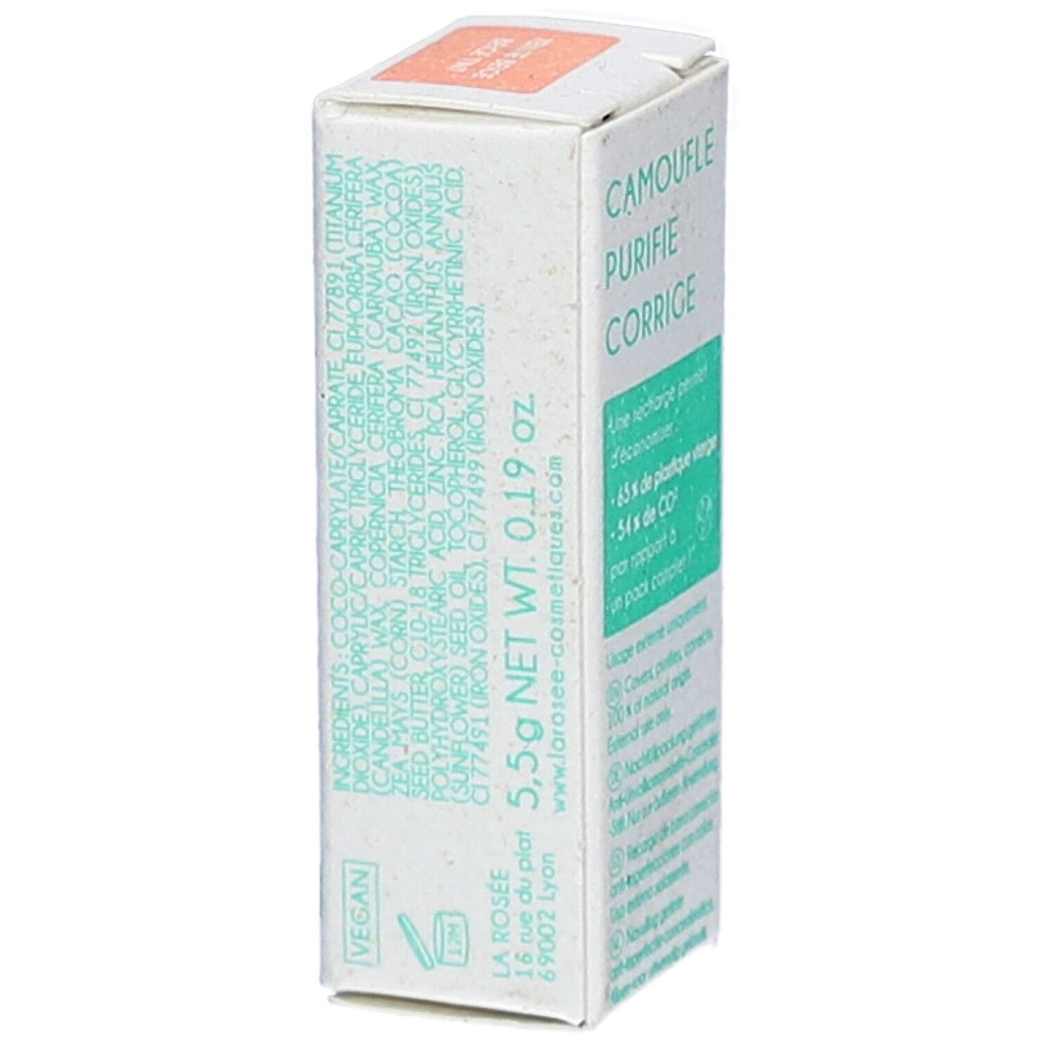 Emballage en carton avec ingrédients et coordonnées. Inscriptions: La Rosée, 5,5g net wt. 0.19 oz.