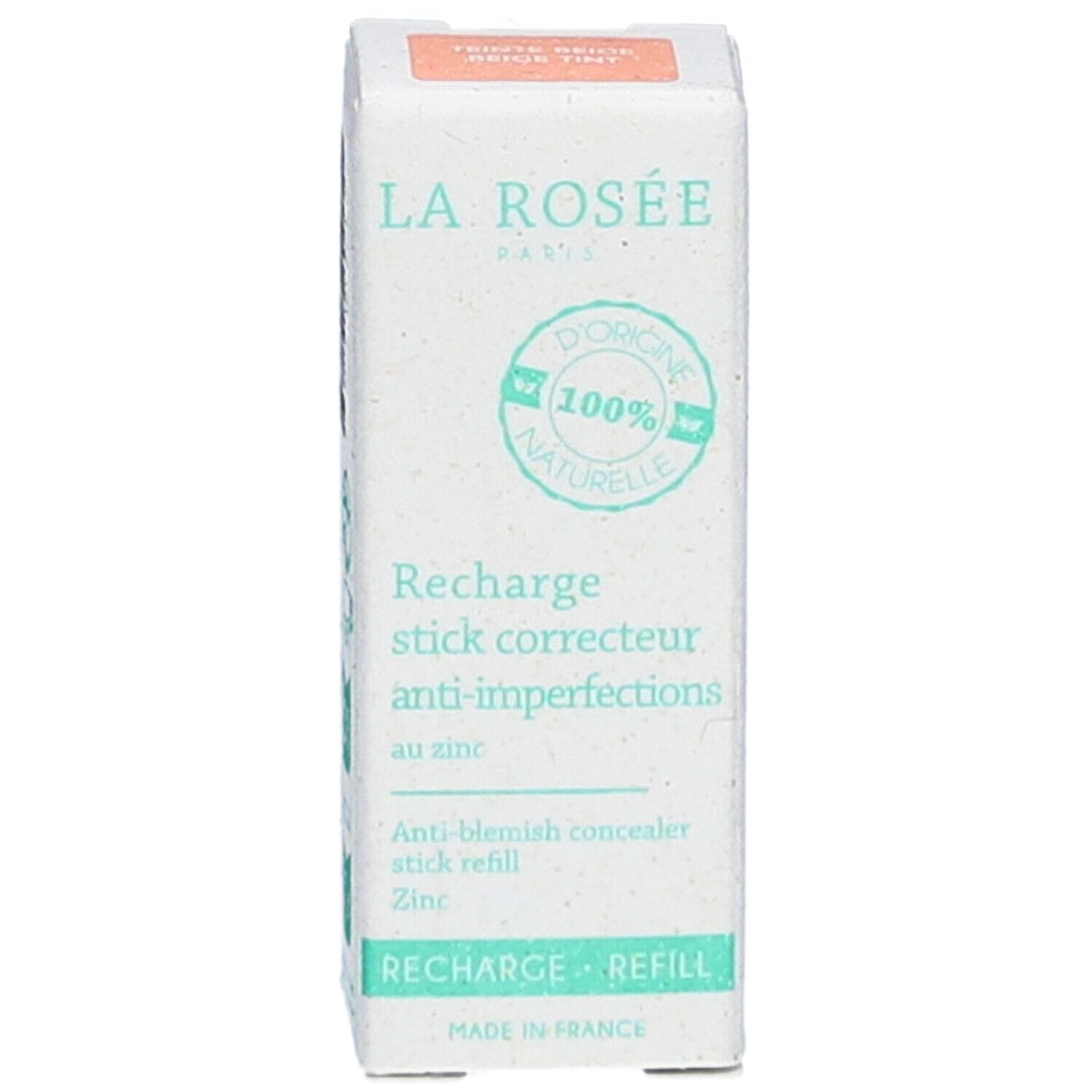 Emballage en carton pour un stick correcteur teinté anti-imperfections. Inscriptions: La Rosée, Recharge stick correcteur anti-imperfections.
