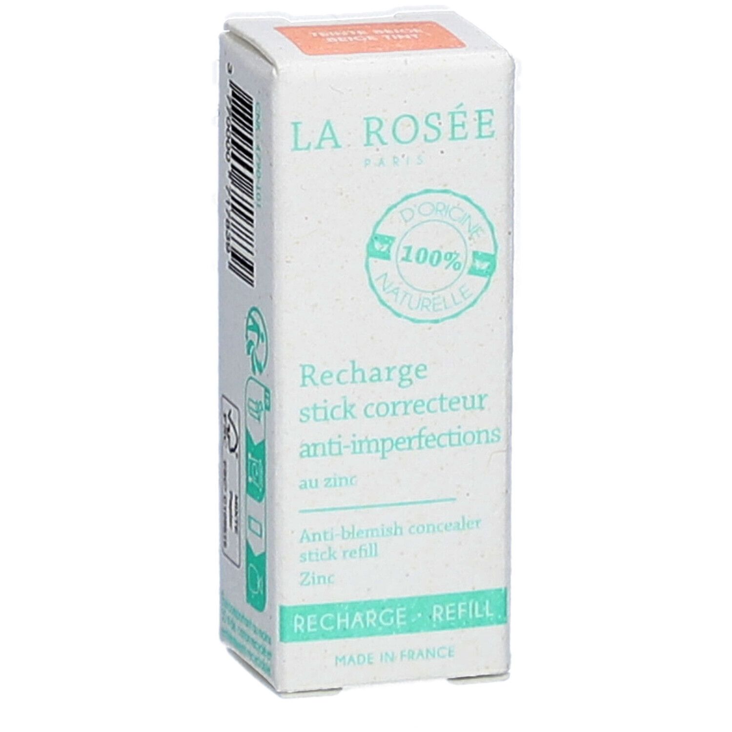 Emballage en carton pour un stick correcteur teinté anti-imperfections. Inscriptions: La Rosée, Recharge stick correcteur anti-imperfections.