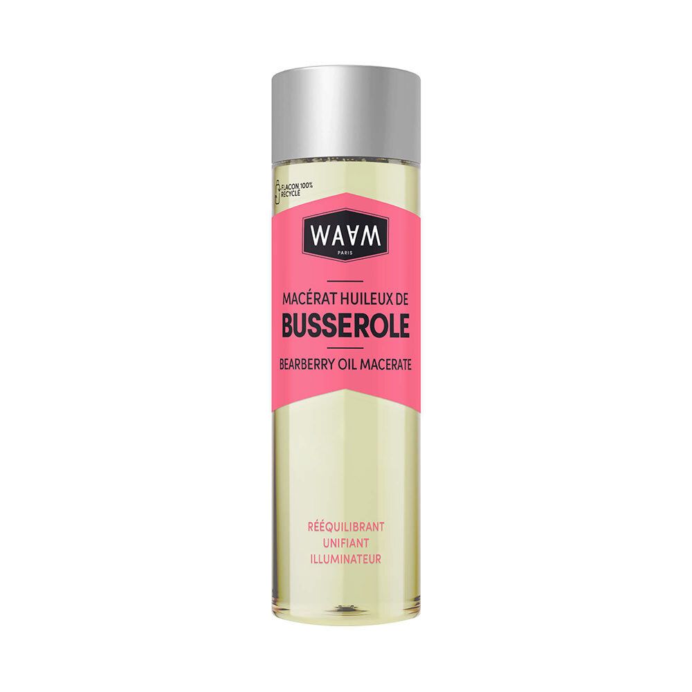Waam Macérât Huileux de Busserole : Huile dans un flacon en verre avec bouchon argenté et étiquette rose.