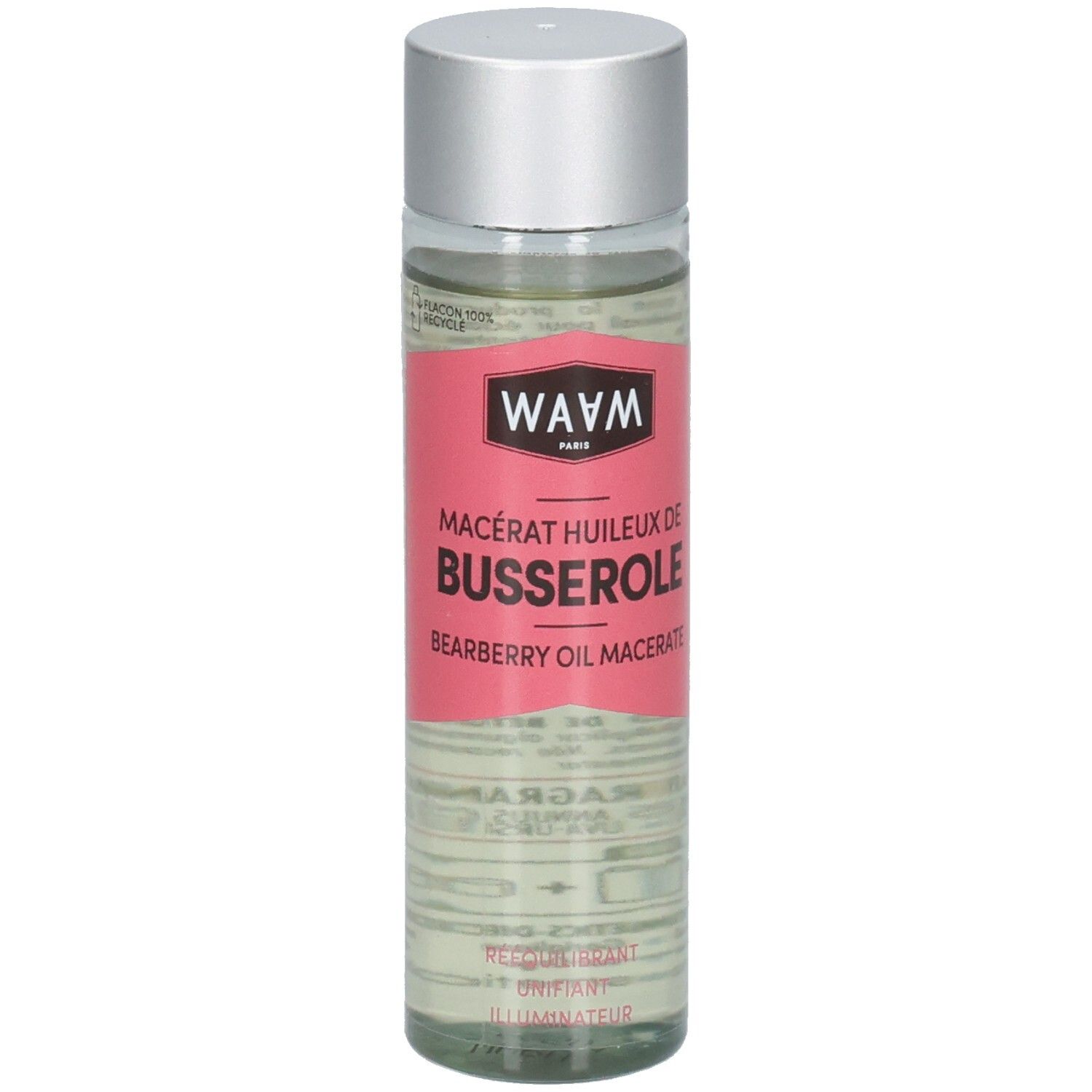 Waam Macérât Huileux de Busserole : Huile en flacon verre, verso avec texte et symbole de recyclage.
