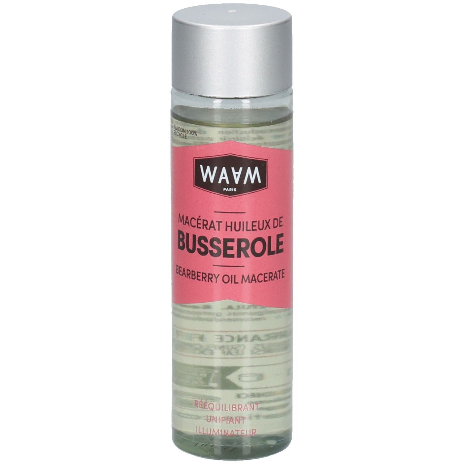 Waam Macérât Huileux de Busserole : Flacon en verre avec bouchon argenté, étiquette avec nom du produit et texte.