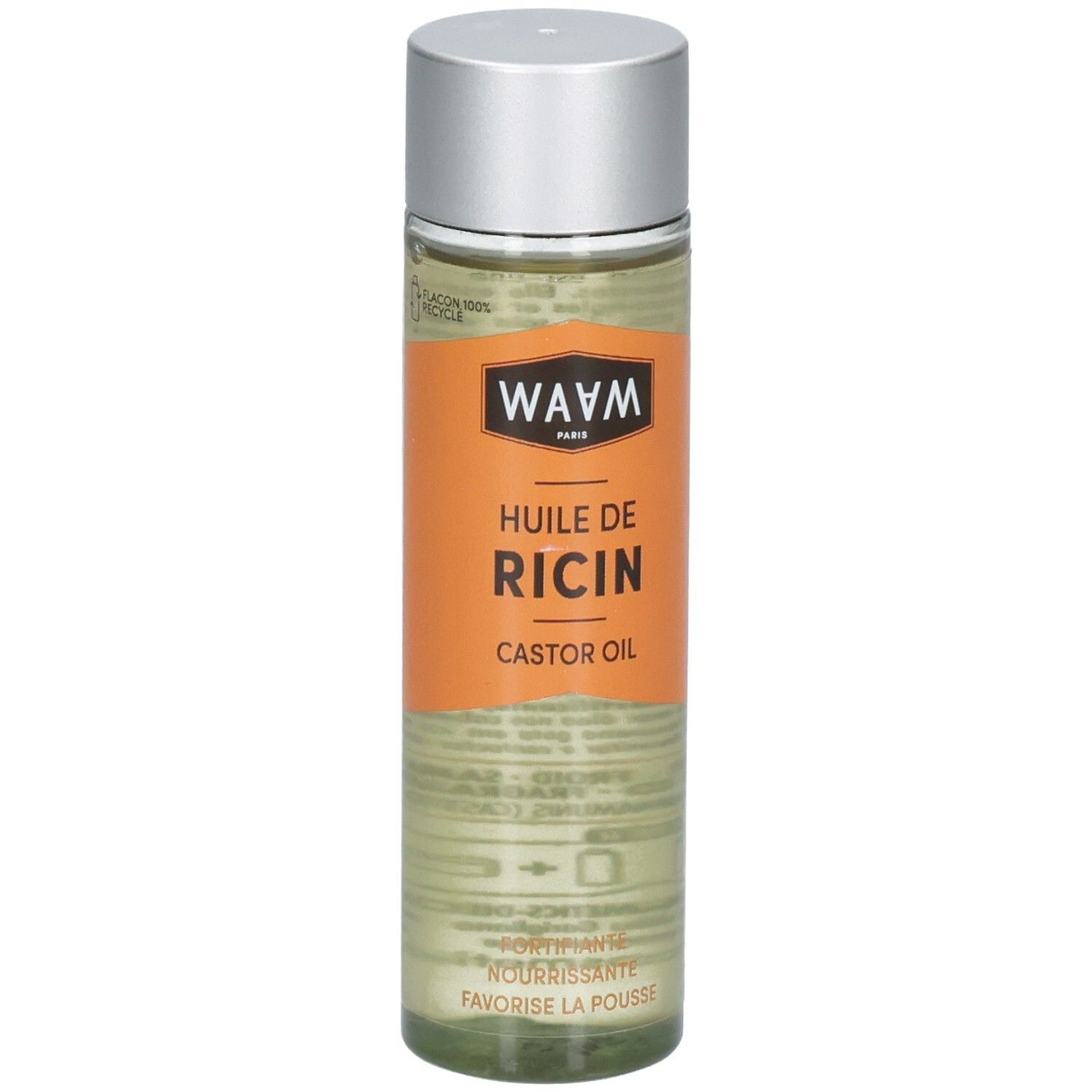 Flacon WAAM Huile de Ricin Castor Oil avec bouchon argenté et étiquette orange.