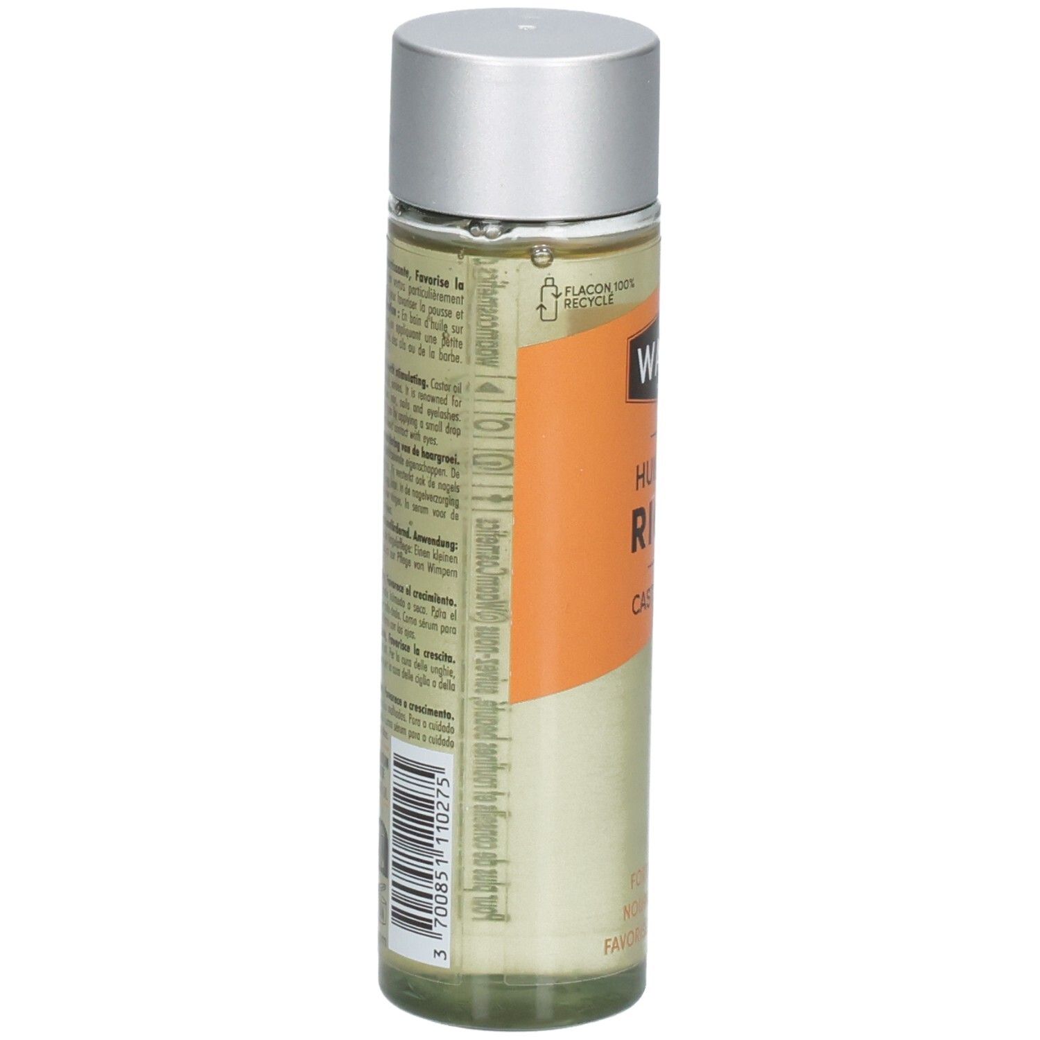 Arrière du flacon WAAM Huile de Ricin Castor Oil avec informations produit et code-barres.