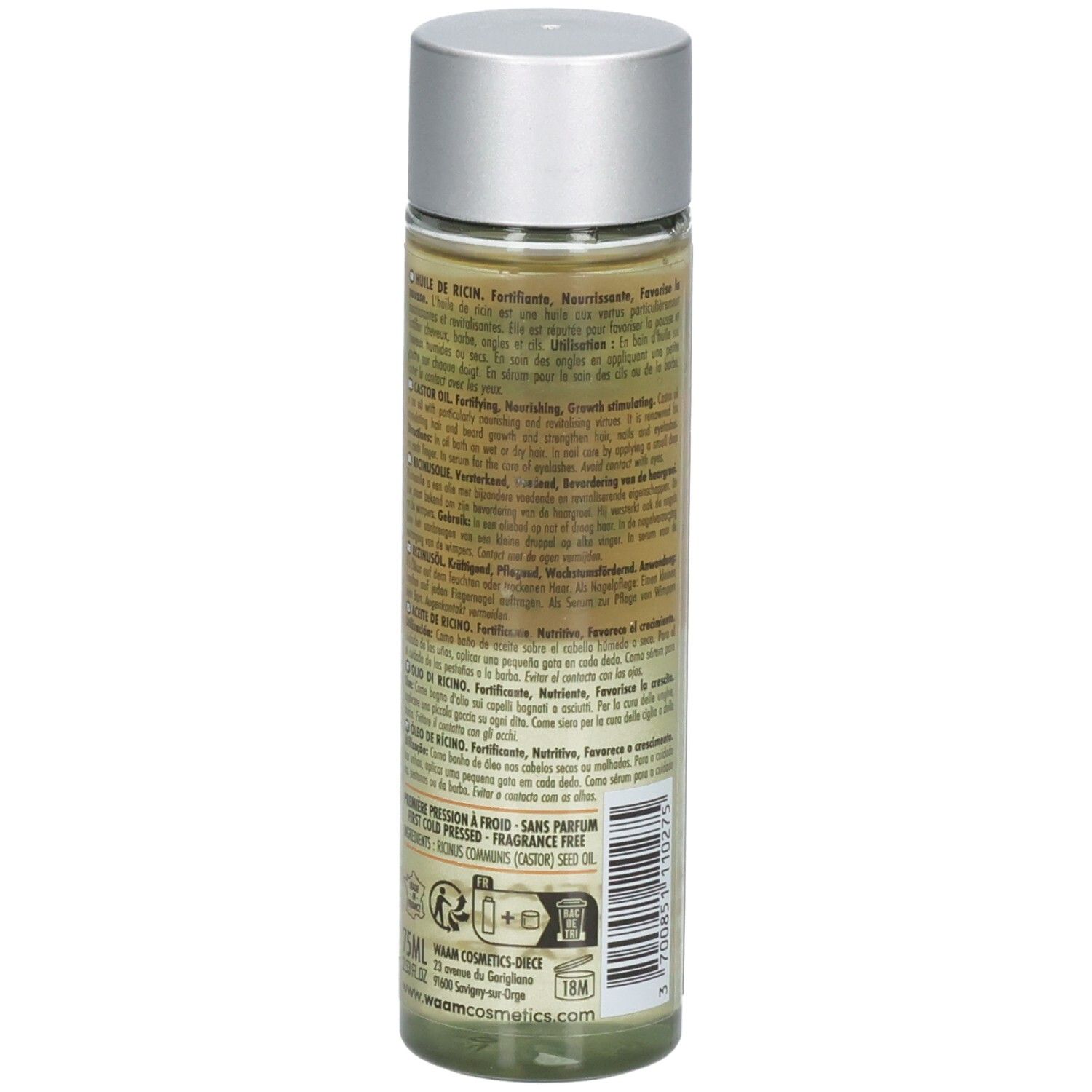 Arrière du flacon WAAM Huile de Ricin Castor Oil avec informations produit détaillées.