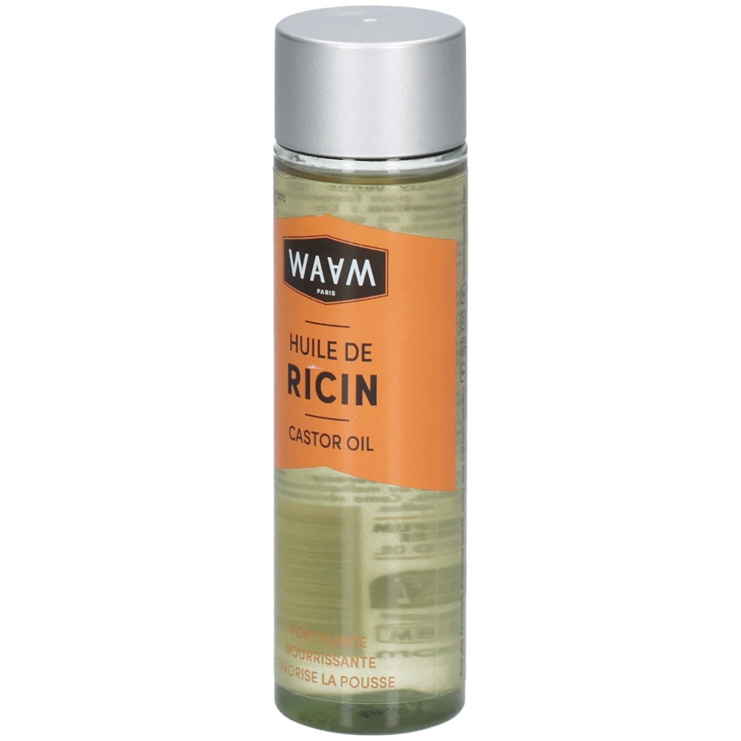 Flacon WAAM Huile de Ricin Castor Oil avec bouchon argenté et étiquette orange.