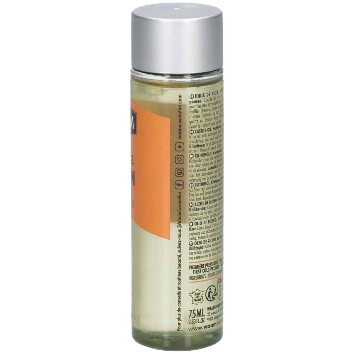 Vue latérale du flacon WAAM Huile de Ricin Castor Oil avec étiquette et informations produit.