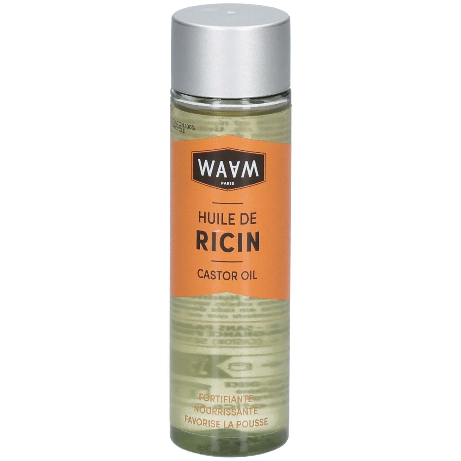 Flacon WAAM Huile de Ricin Castor Oil avec bouchon argenté et étiquette orange.