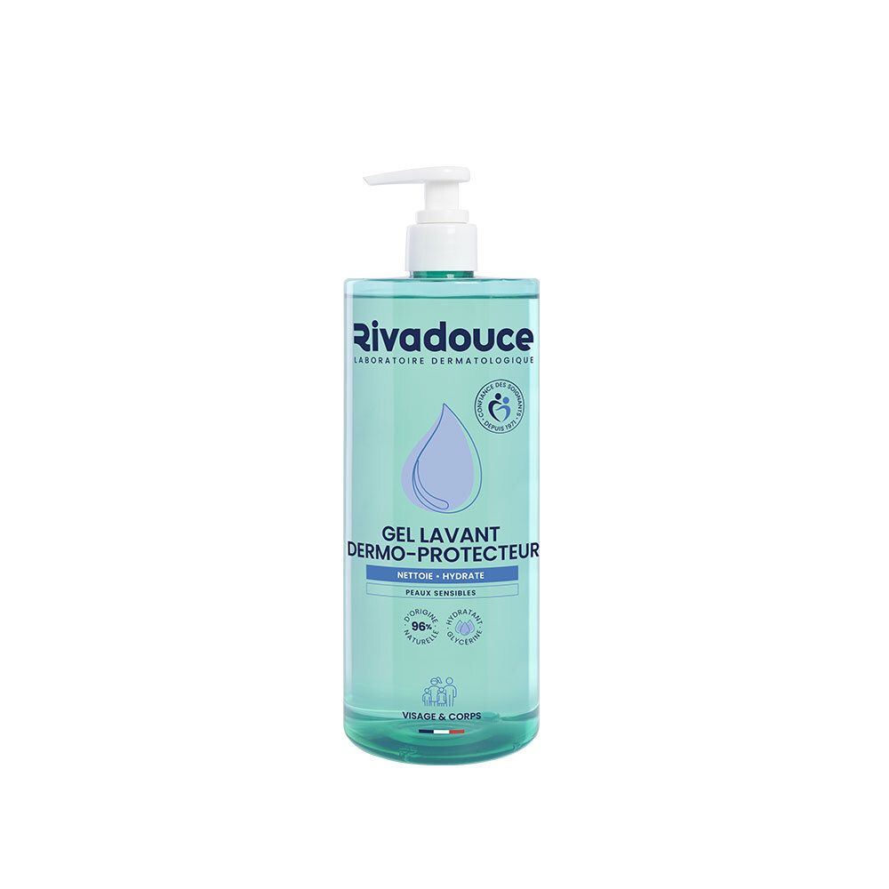 Flacon de RIVADOUCE Gel Lavant Dermo-Protecteur avec pompe. Turquoise, pompe blanche. Texte: Gel Lavant, Dermo-Protecteur, Visage & Corps.