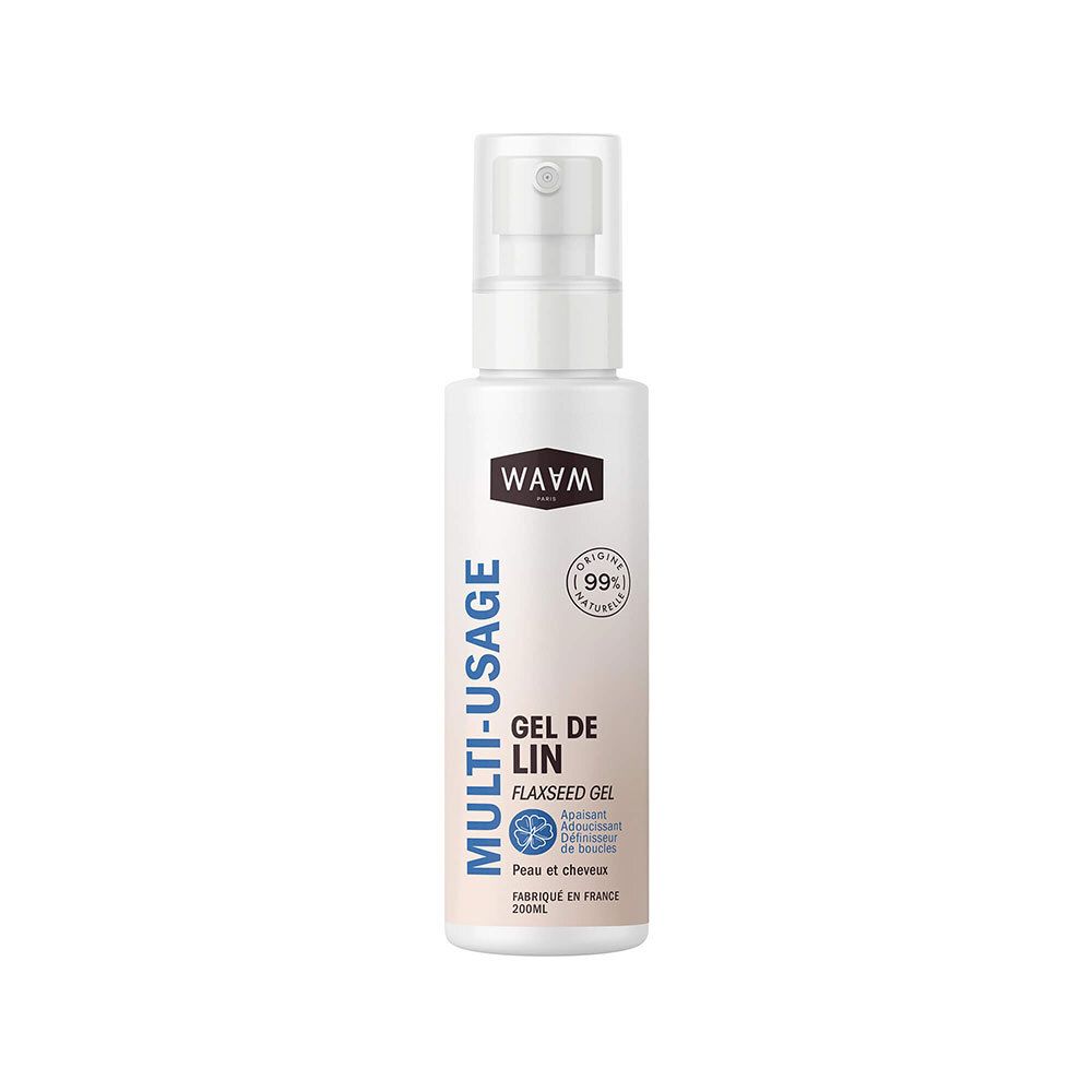 WAVM Multi-Usage Gel de Lin, flacon spray blanc avec étiquette bleue et beige.
