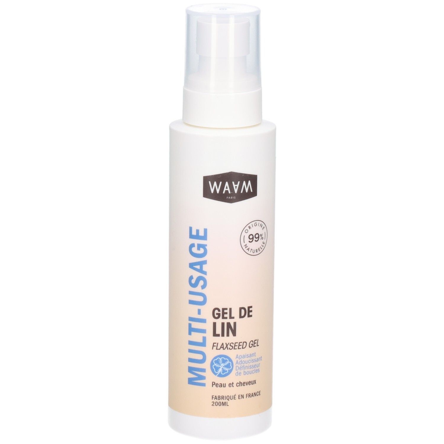 WAVM Multi-Usage Gel de Lin, flacon spray blanc avec étiquette bleue et beige.