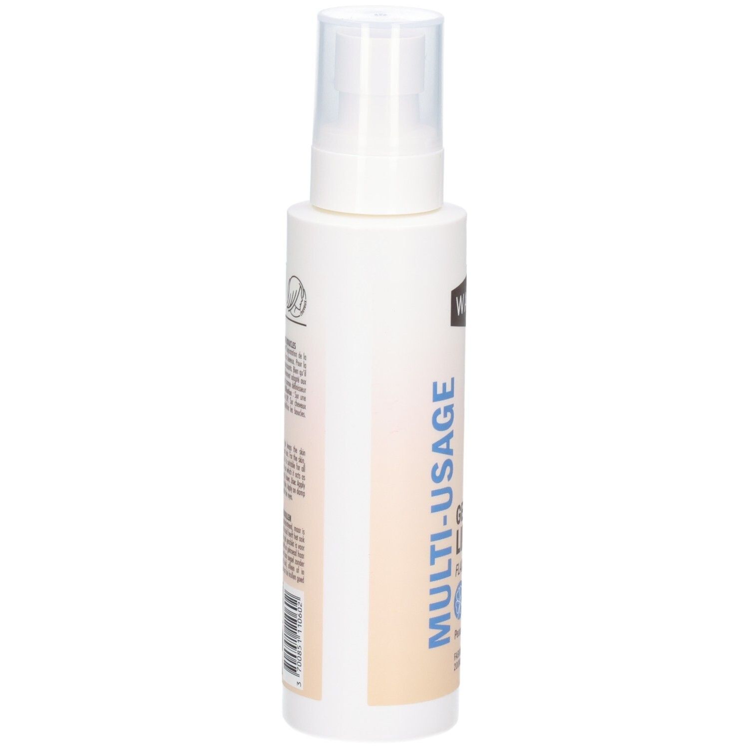 WAVM Multi-Usage Gel de Lin, arrière d'un flacon spray blanc avec informations produit.