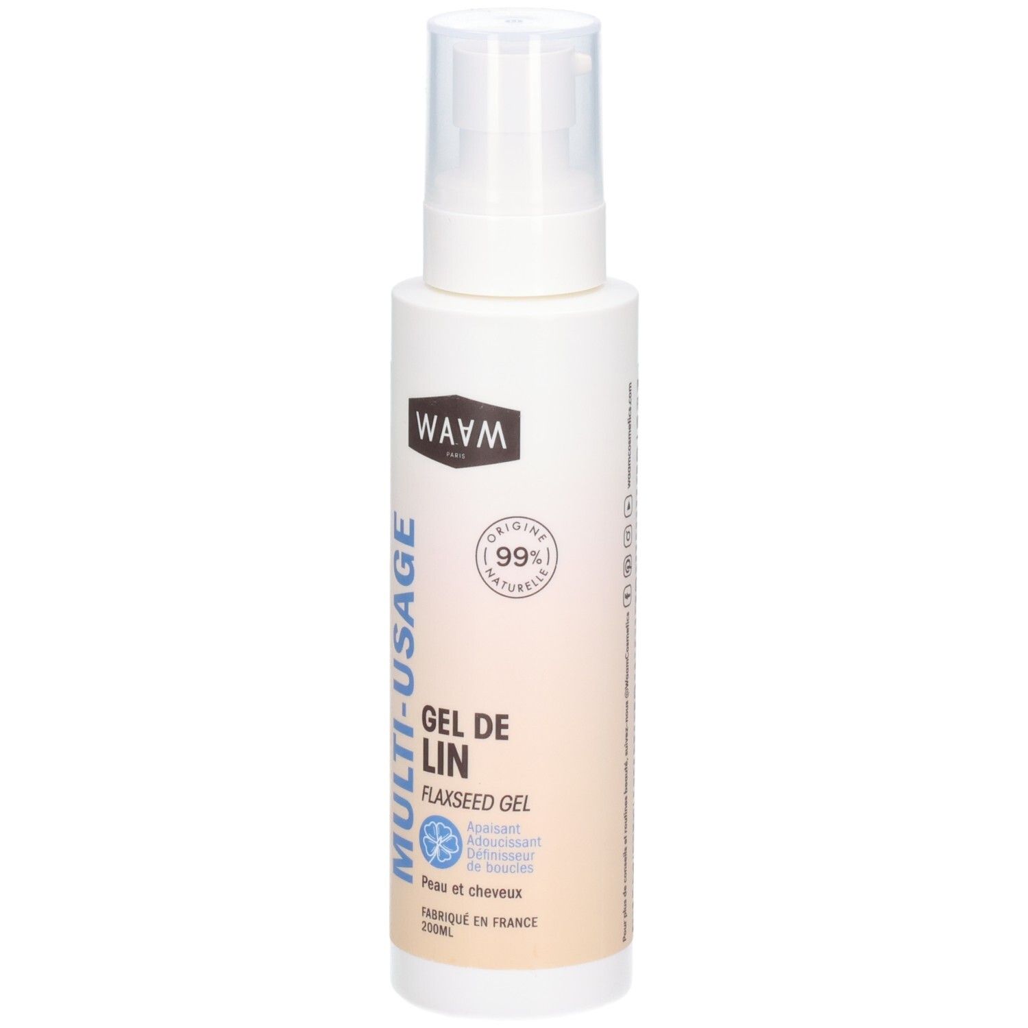 WAVM Multi-Usage Gel de Lin, flacon spray blanc avec étiquette bleue et beige.