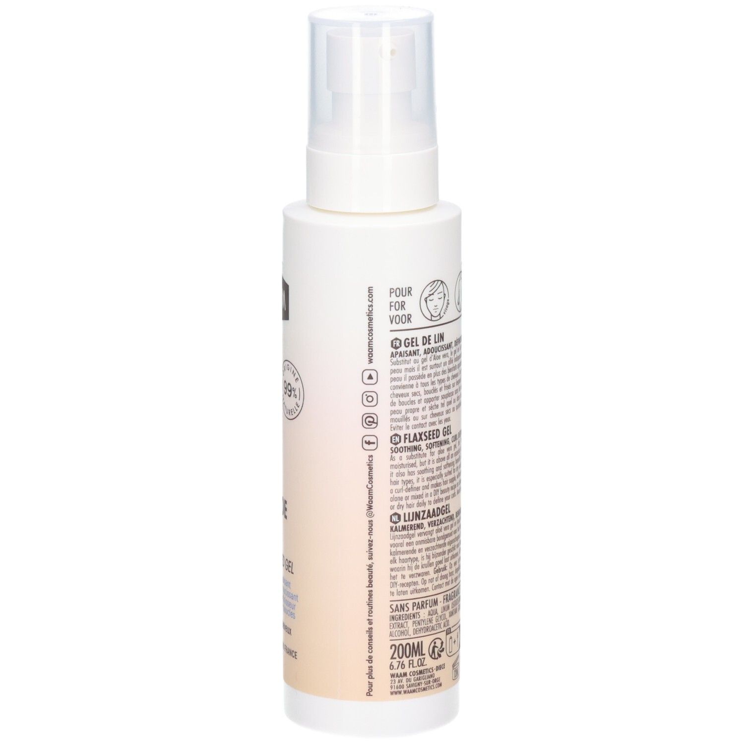 WAVM Multi-Usage Gel de Lin, arrière d'un flacon spray blanc avec informations produit.