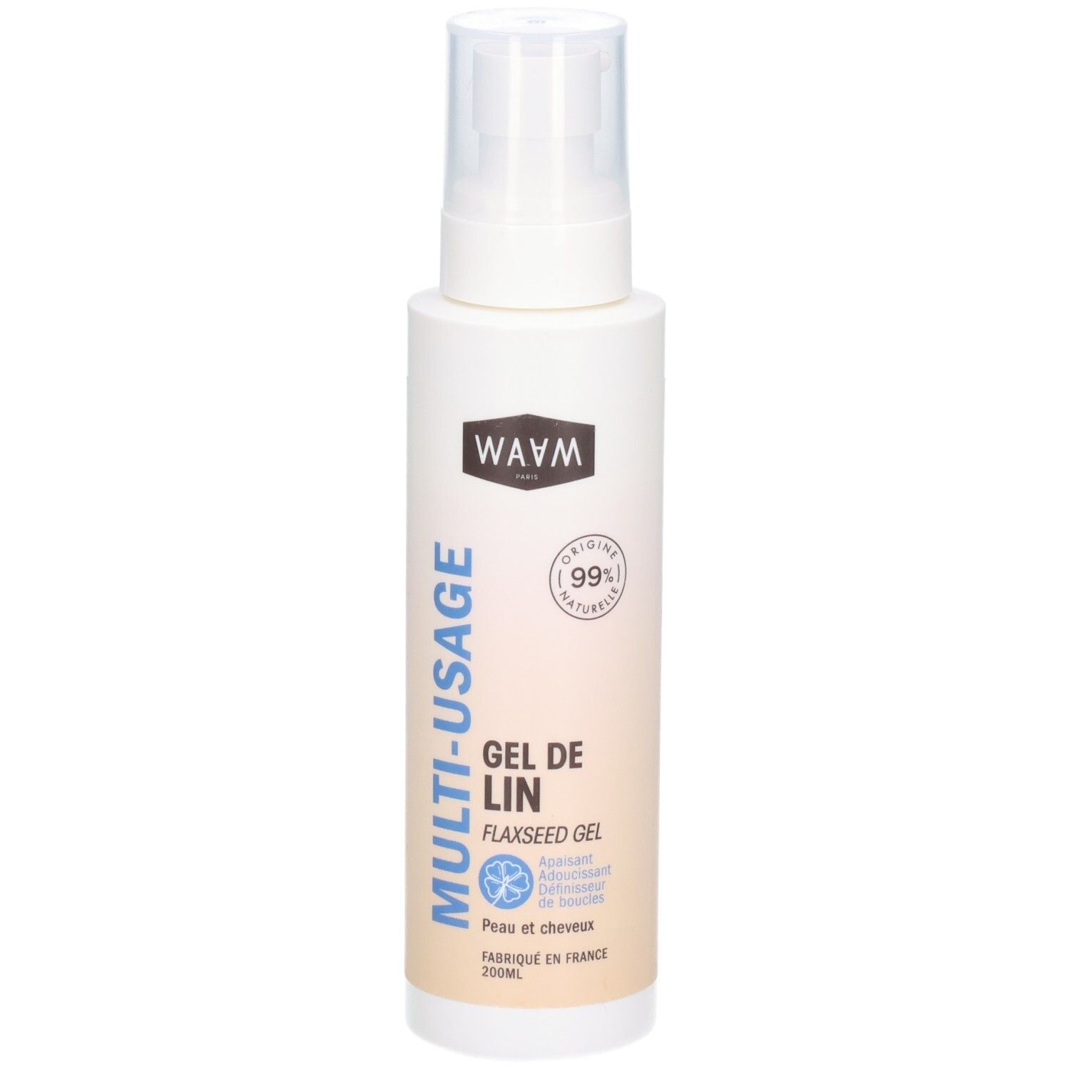 WAVM Multi-Usage Gel de Lin, flacon spray blanc avec étiquette bleue et beige.