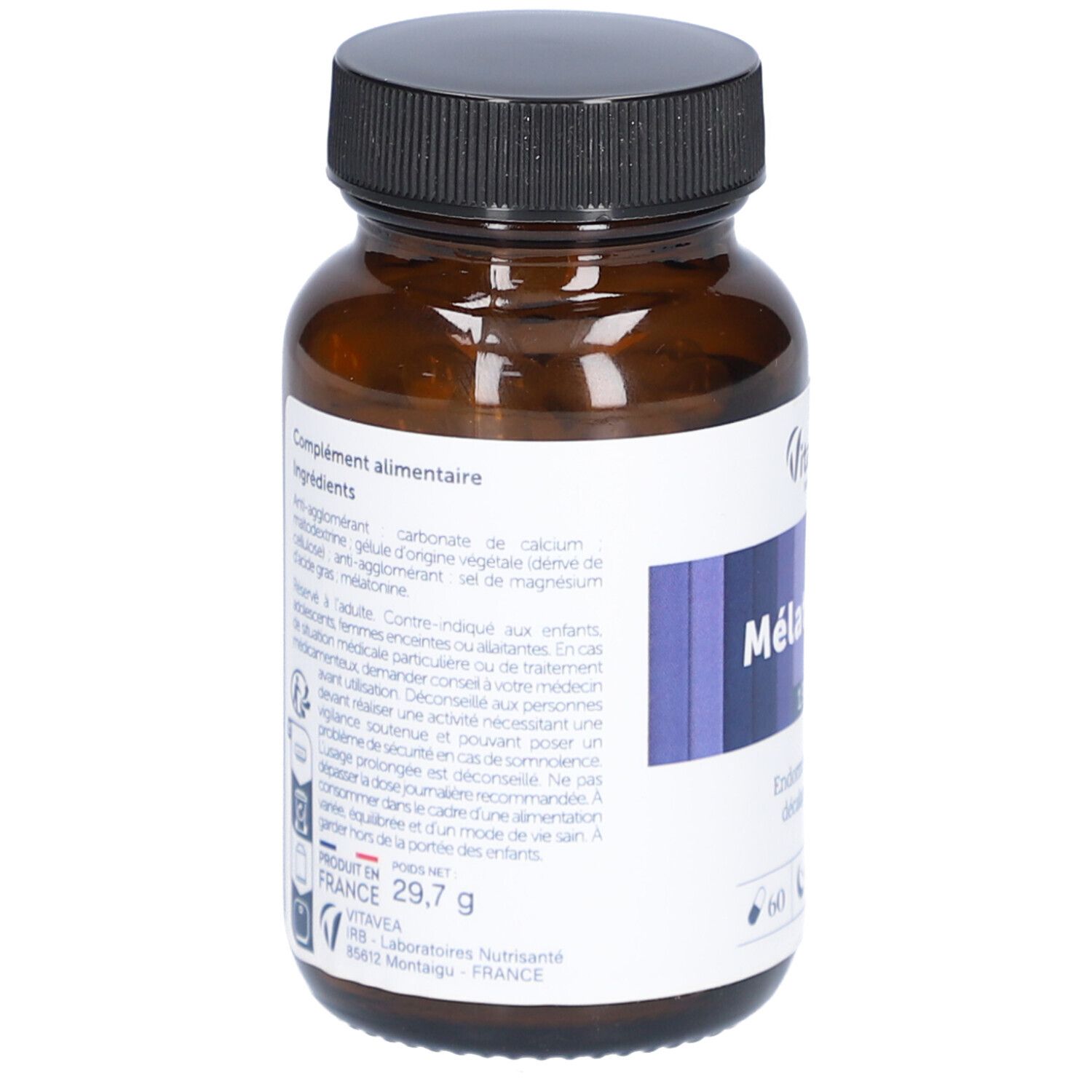 Dos du flacon. Informations sur les ingrédients et le fabricant. Logo "Vitavea" et informations.